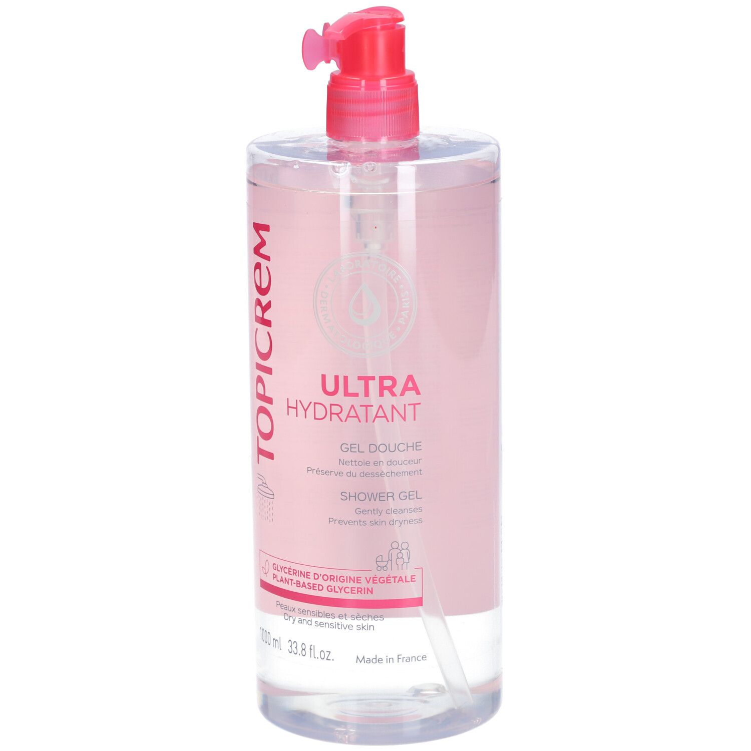Flacone trasparente di gel doccia TOPICREM con etichetta rosa e dosatore. Scritta: ULTRA HYDRATANT, 1000 ml.
