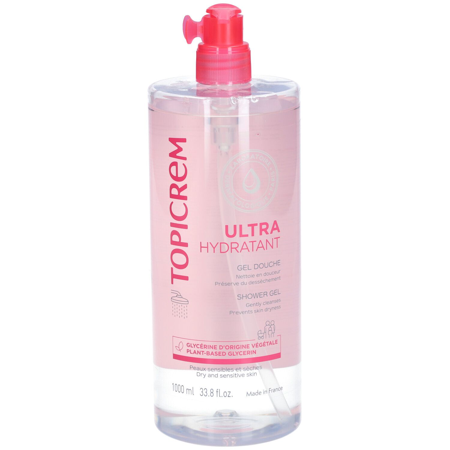 Flacone trasparente di gel doccia TOPICREM con etichetta rosa e dosatore. Scritta: ULTRA HYDRATANT, 1000 ml.