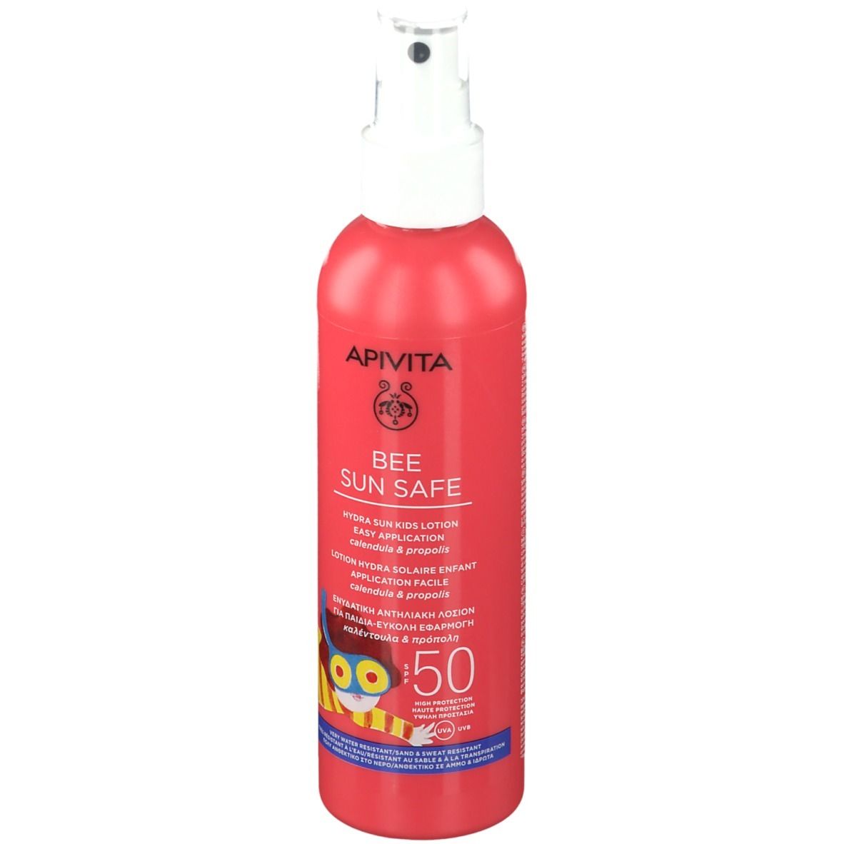 Flacone rosso con vaporizzatore bianco. Scritte: APIVITA, BEE SUN SAFE, SPF 50. Illustrazione bambini.