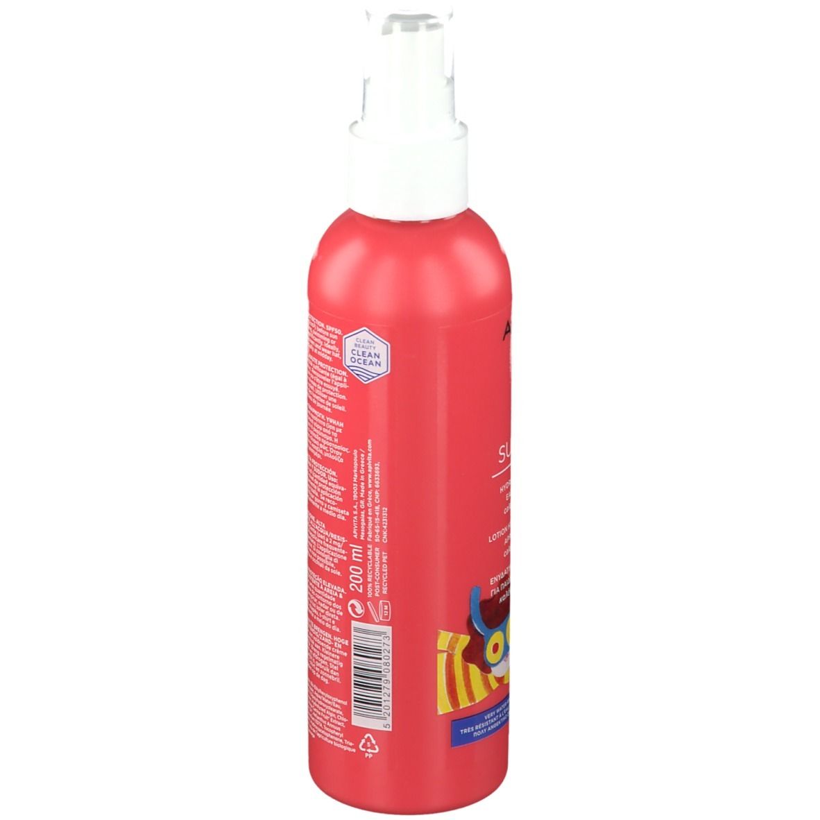 Flacone rosso con vaporizzatore bianco. Scritte: APIVITA, BEE SUN SAFE, SPF 50. 200 ml. Illustrazione bambini.