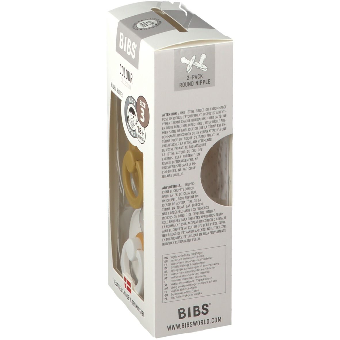 Confezione BIBS, vista laterale. Contiene 2 succhietti, senape e bianco. Informazioni su materiale, taglia e certificazioni.