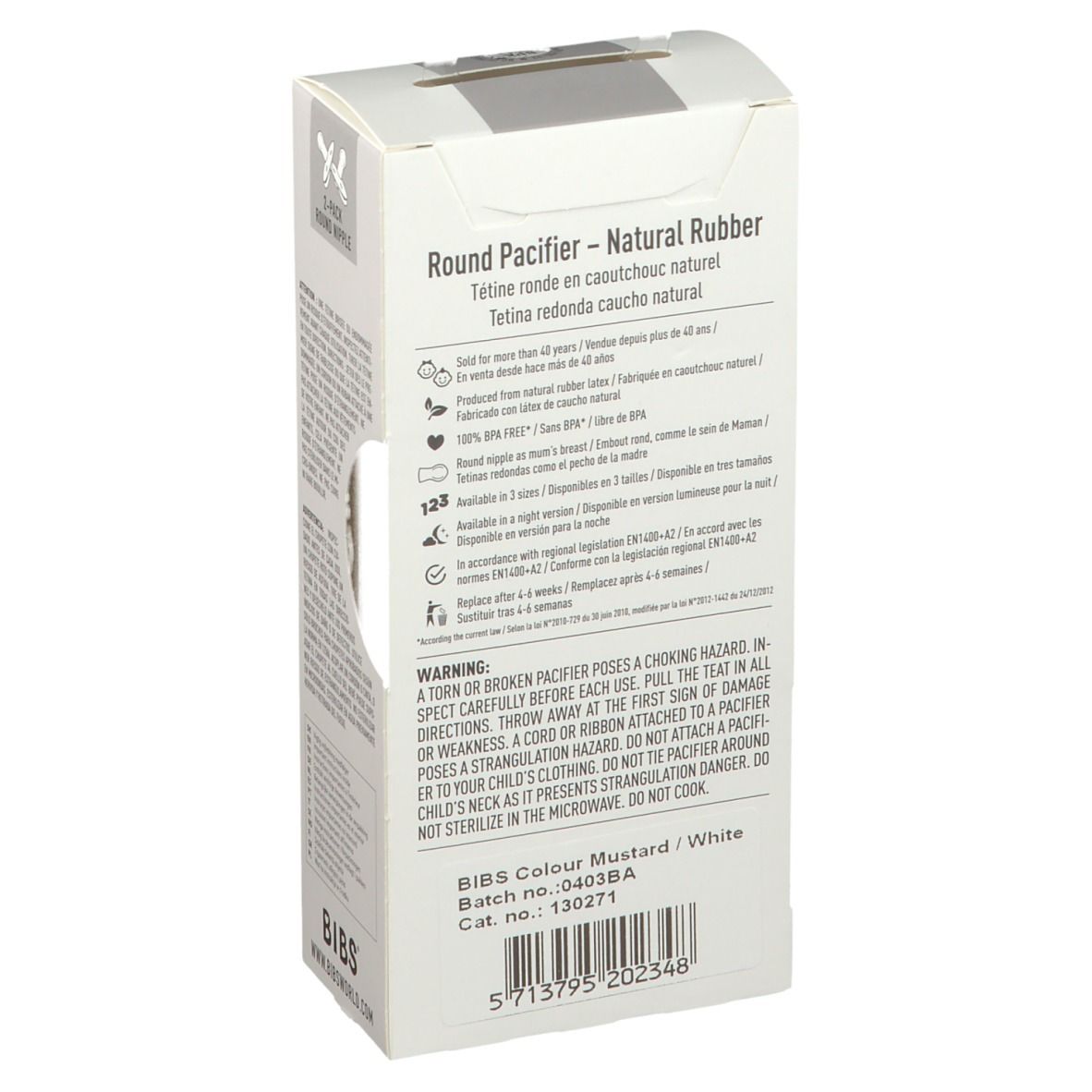 Retro della confezione BIBS. Informazioni su materiale, età consigliata, avvertenze e dettagli del produttore. Senape/Bianco.