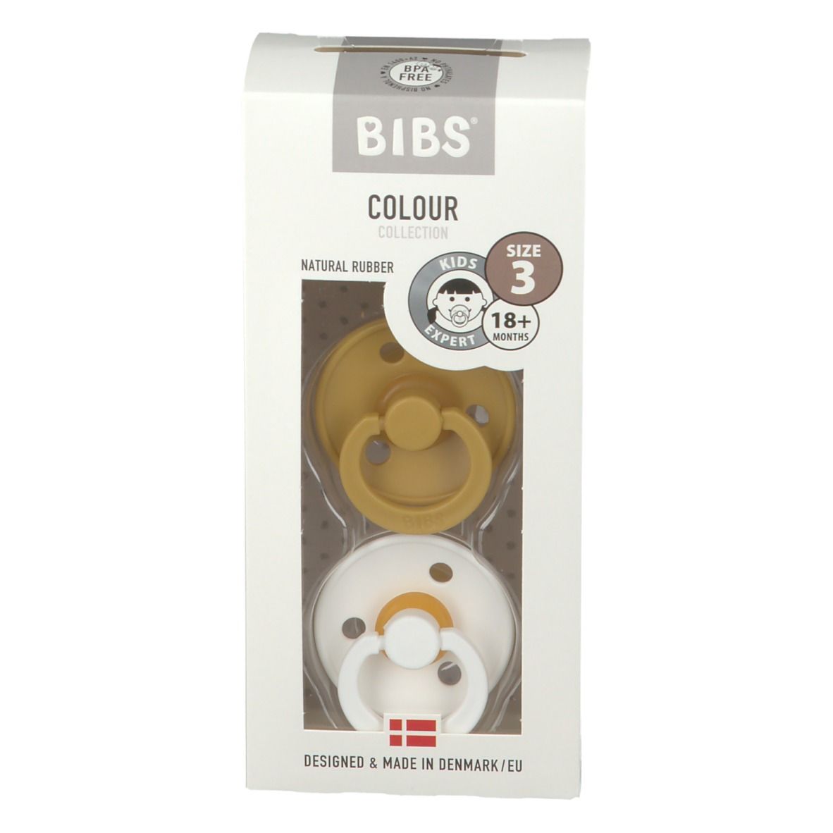 BIBS succhietto senape e bianco, confezione da 2, taglia 3 (18+ mesi), in confezione. Gomma naturale, senza BPA.