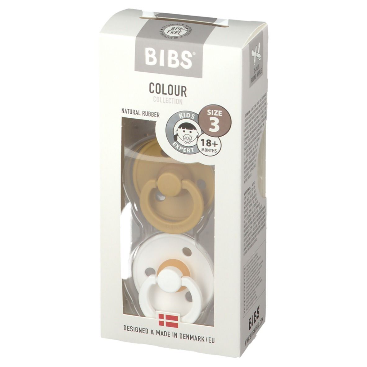 BIBS succhietto senape e bianco, confezione da 2, taglia 3 (18+ mesi), in confezione. Gomma naturale, senza BPA.