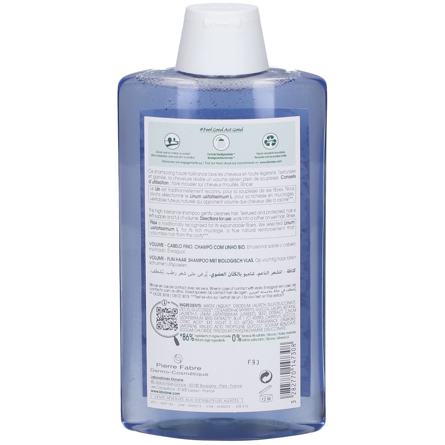Flacone in plastica blu con tappo bianco, retro con etichetta e informazioni sul prodotto.