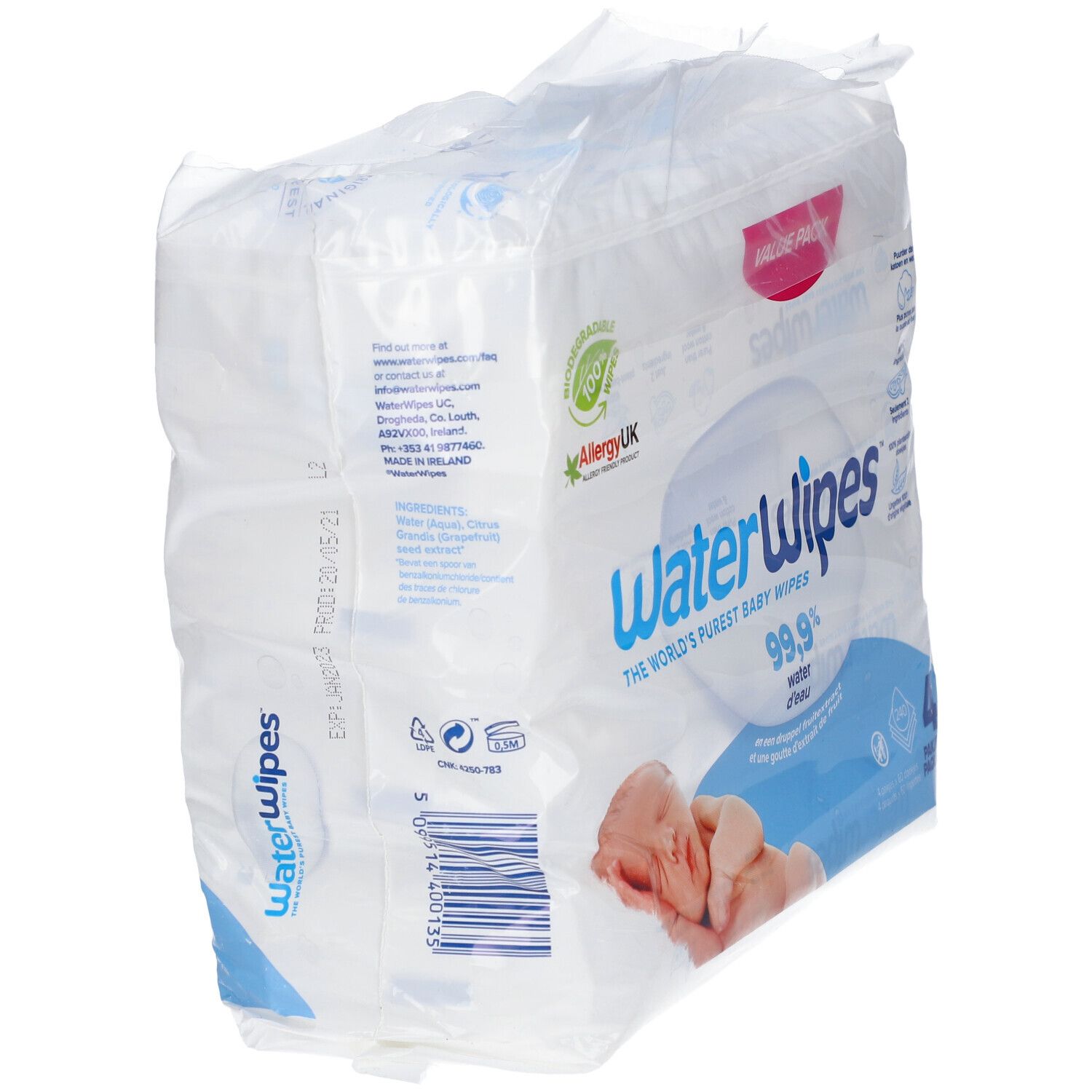 Confezione da 4 pacchi di salviettine per neonati Water Wipes, 99,9% acqua.