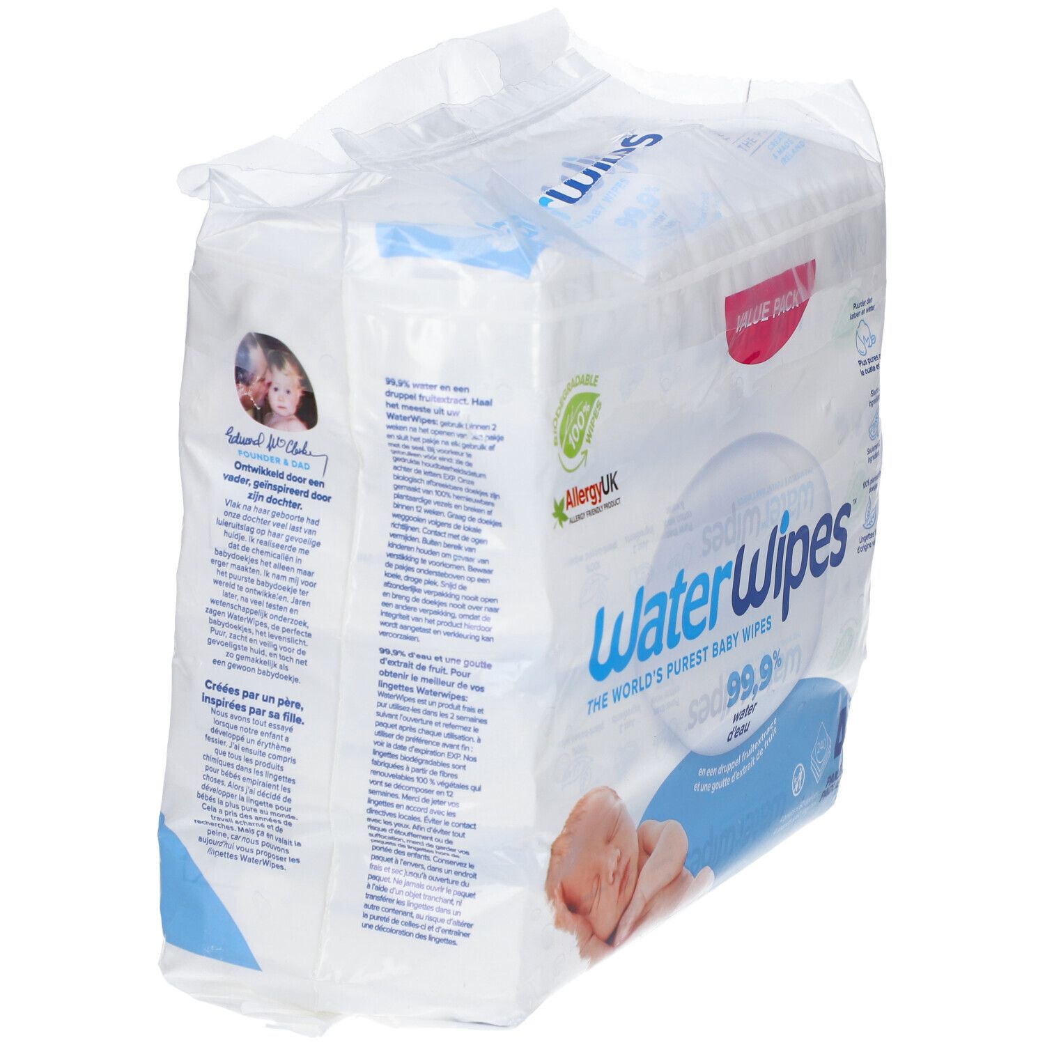 Confezione da 9 salviettine per bambini WaterWipes. Stampato "The World's Purest Baby Wipes" e "99.9% Acqua e una goccia di estratto di frutta".