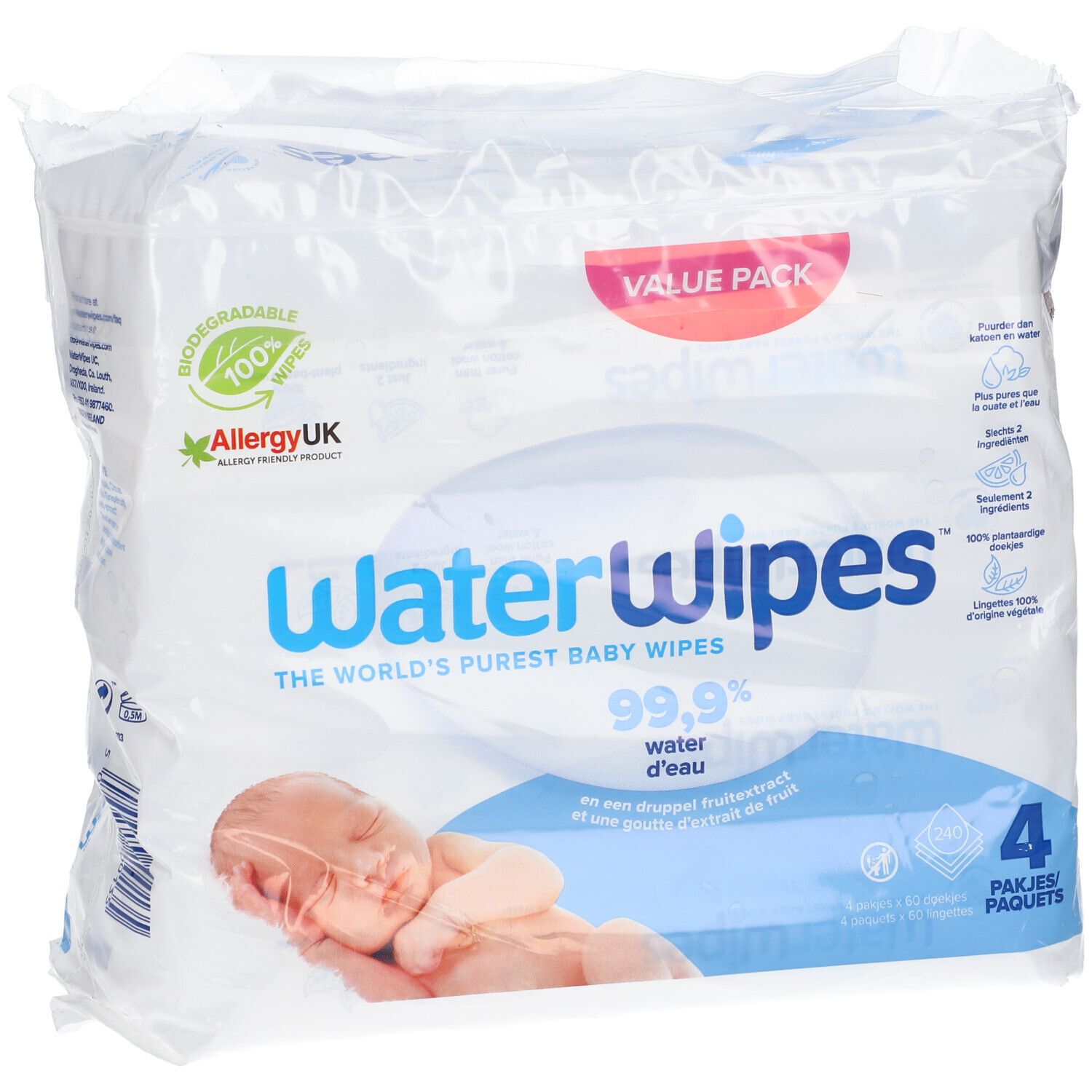 Confezione convenienza Waterwipes salviettine per neonati, 4 pacchi. 99,9% acqua.