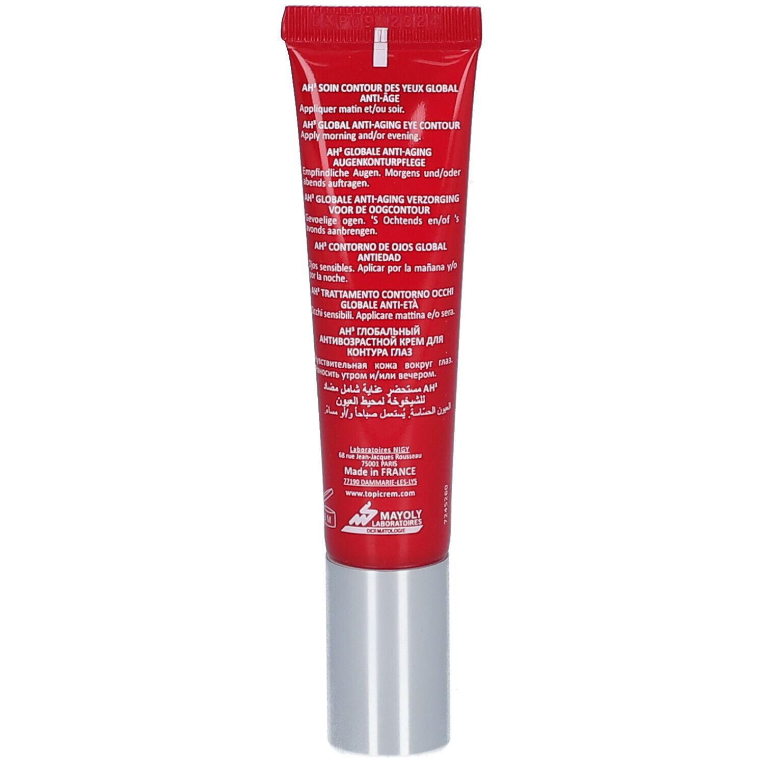 Tubo rosso con tappo argentato, contenente crema contorno occhi. Informazioni prodotto multilingue e scritta "Made in France".
