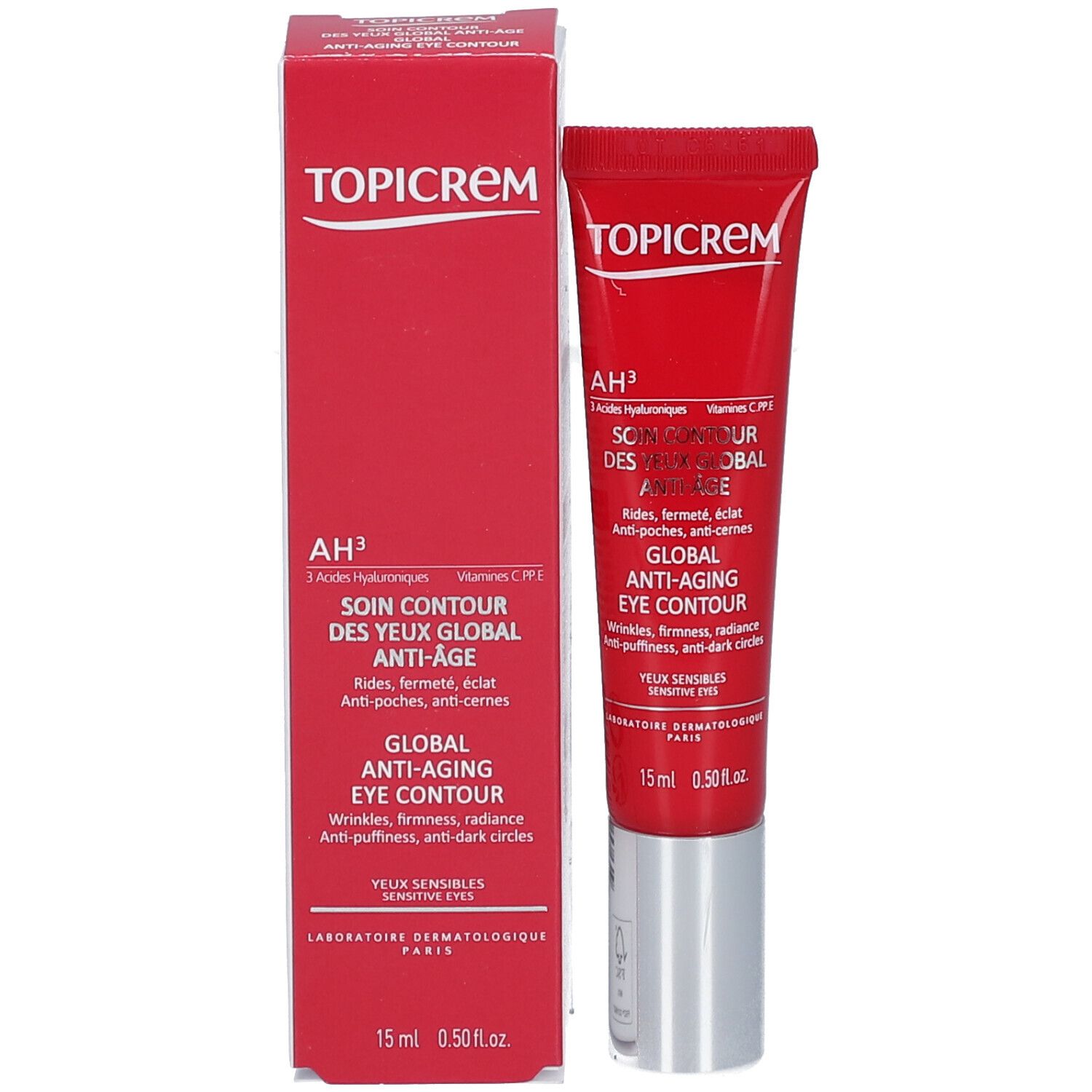 Crema contorno occhi Topicrem AH³ in tubo rosso con applicatore argentato e scatola.