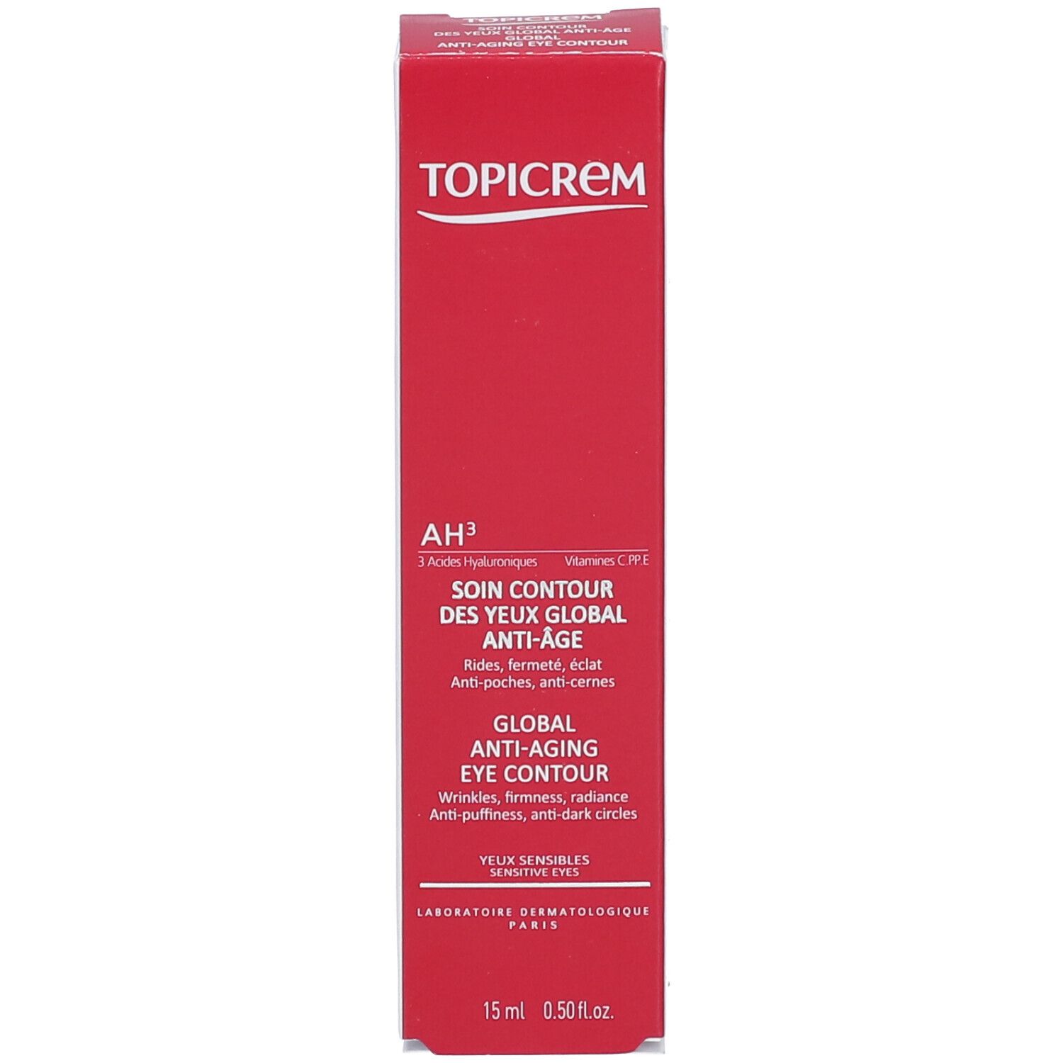 Confezione rossa per crema contorno occhi anti-età globale Topicrem AH³, 15 ml.