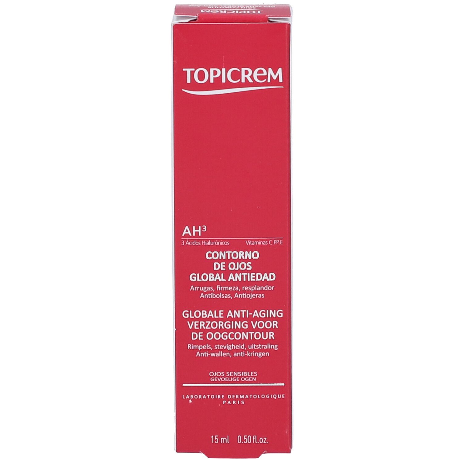 Confezione rossa Topicrem AH³ contorno occhi. Contiene 15 ml.