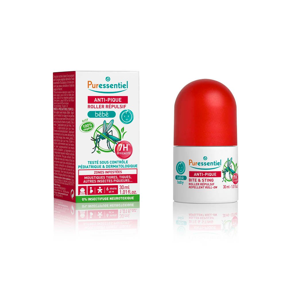 Puressentiel Anti-Pique Roller per neonati, 30ml. Flacone roll-on con tappo rosso.
