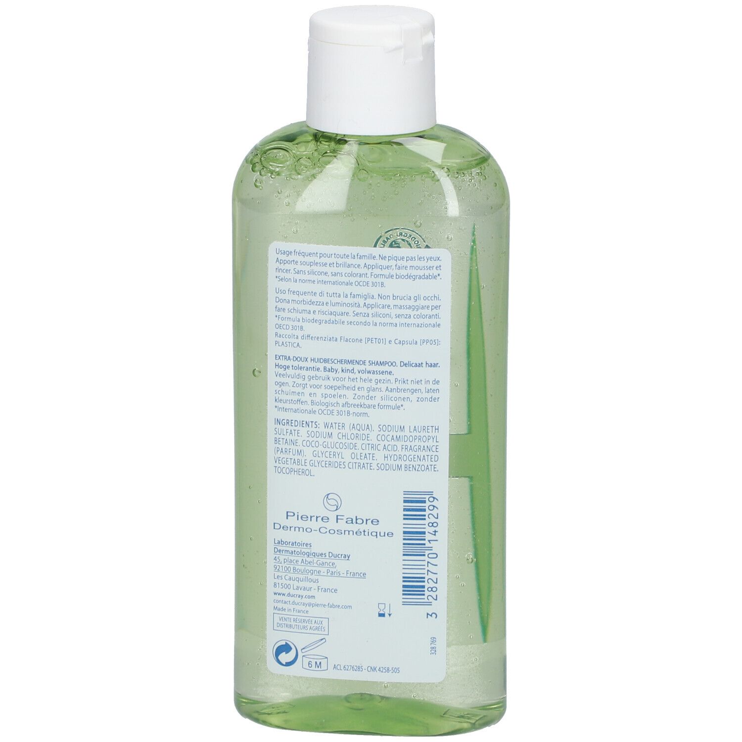 Liquido trasparente in flacone trasparente con tappo a scatto bianco. Etichetta con ingredienti e logo Pierre Fabre Dermo-Cosmétique.