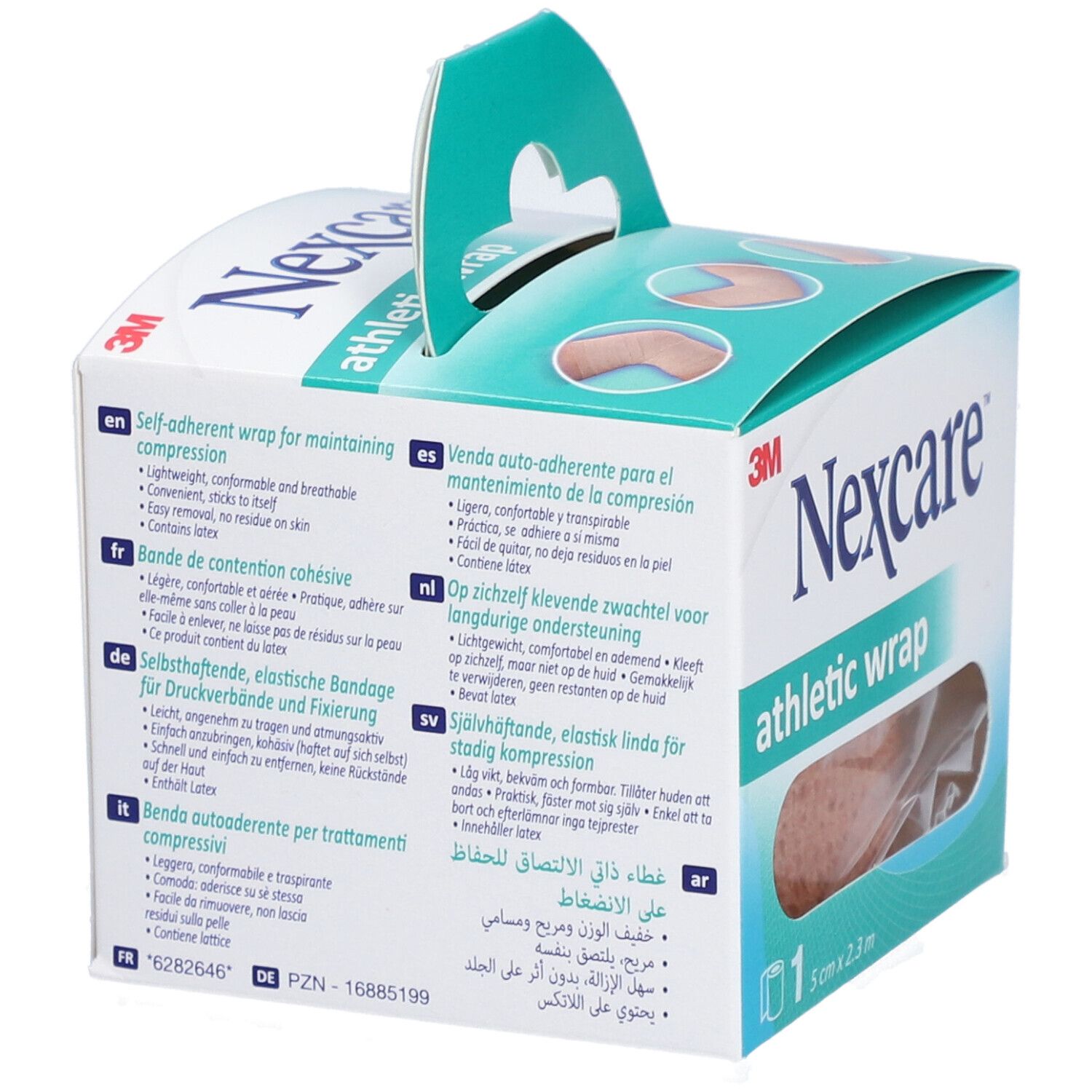 Confezione Nexcare Athletic Wrap. Beige, 5 cm x 2,3 m. Scatola con testo multilingue.