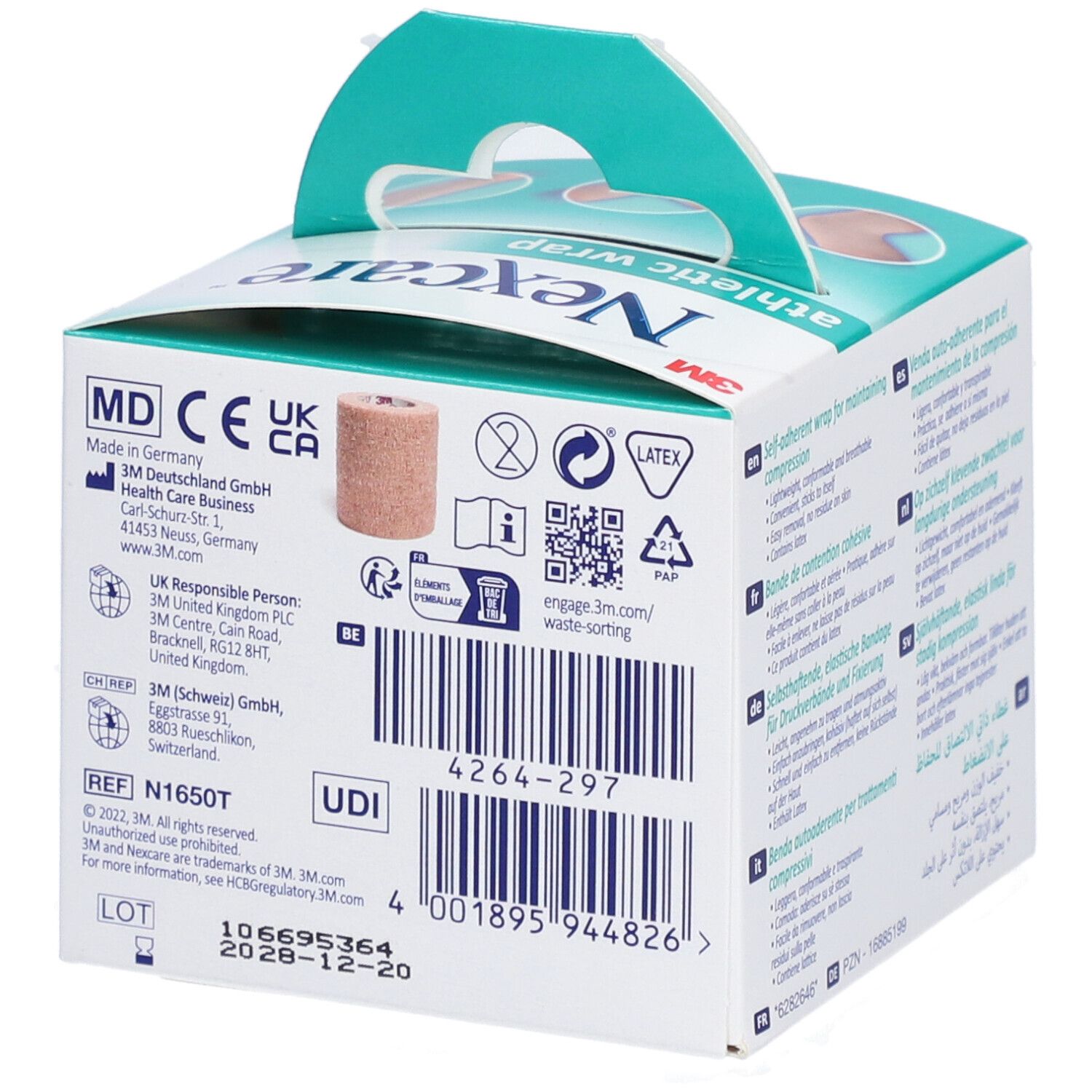 Retro della confezione Nexcare Athletic Wrap. Beige, 5 cm x 2,3 m. Con informazioni e simboli.