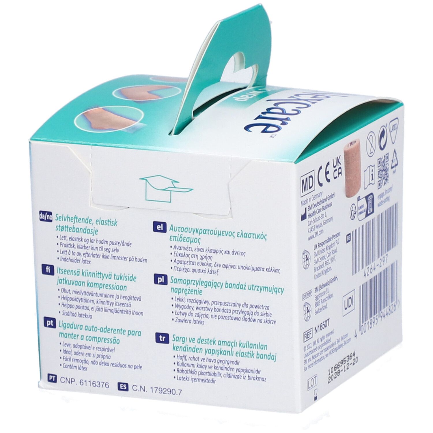 Confezione Nexcare Athletic Wrap. Beige, 5 cm x 2,3 m. Scatola con testo multilingue.