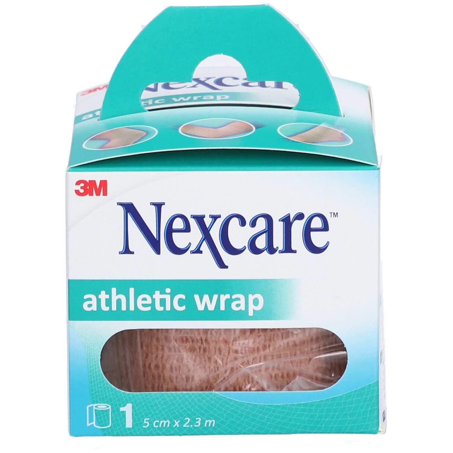 Confezione Nexcare Athletic Wrap. Beige, 5 cm x 2,3 m. Scatola con maniglia, vista prodotto.