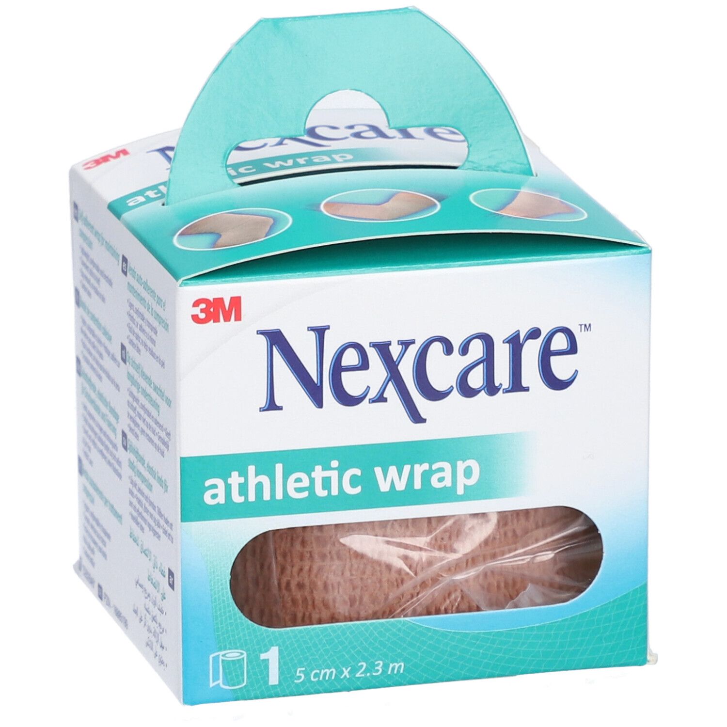 Confezione Nexcare Athletic Wrap. Beige, 5 cm x 2,3 m. Scatola con maniglia, vista prodotto.