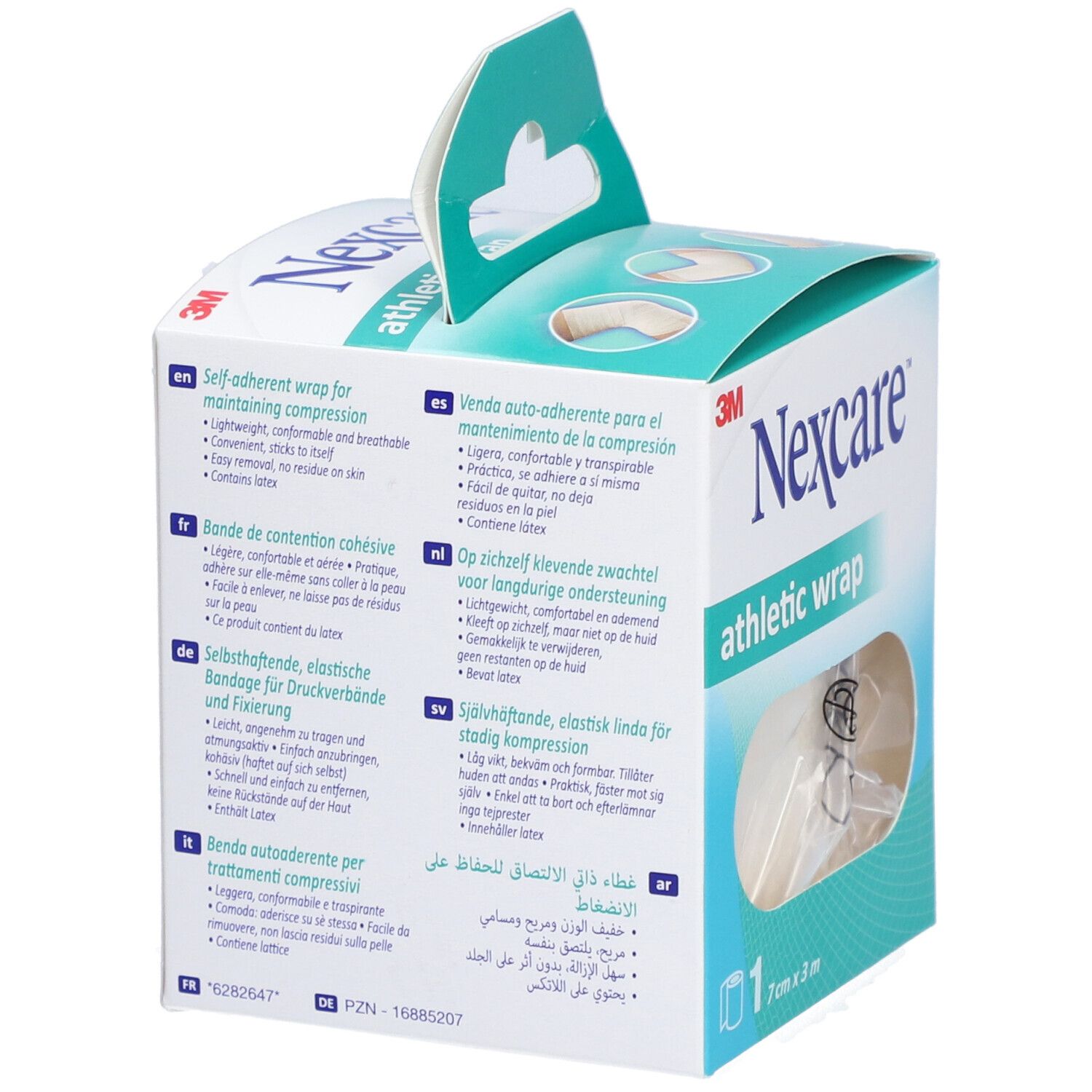 Nexcare Athletic Wrap. Confezione con testo multilingue. Benda visibile.