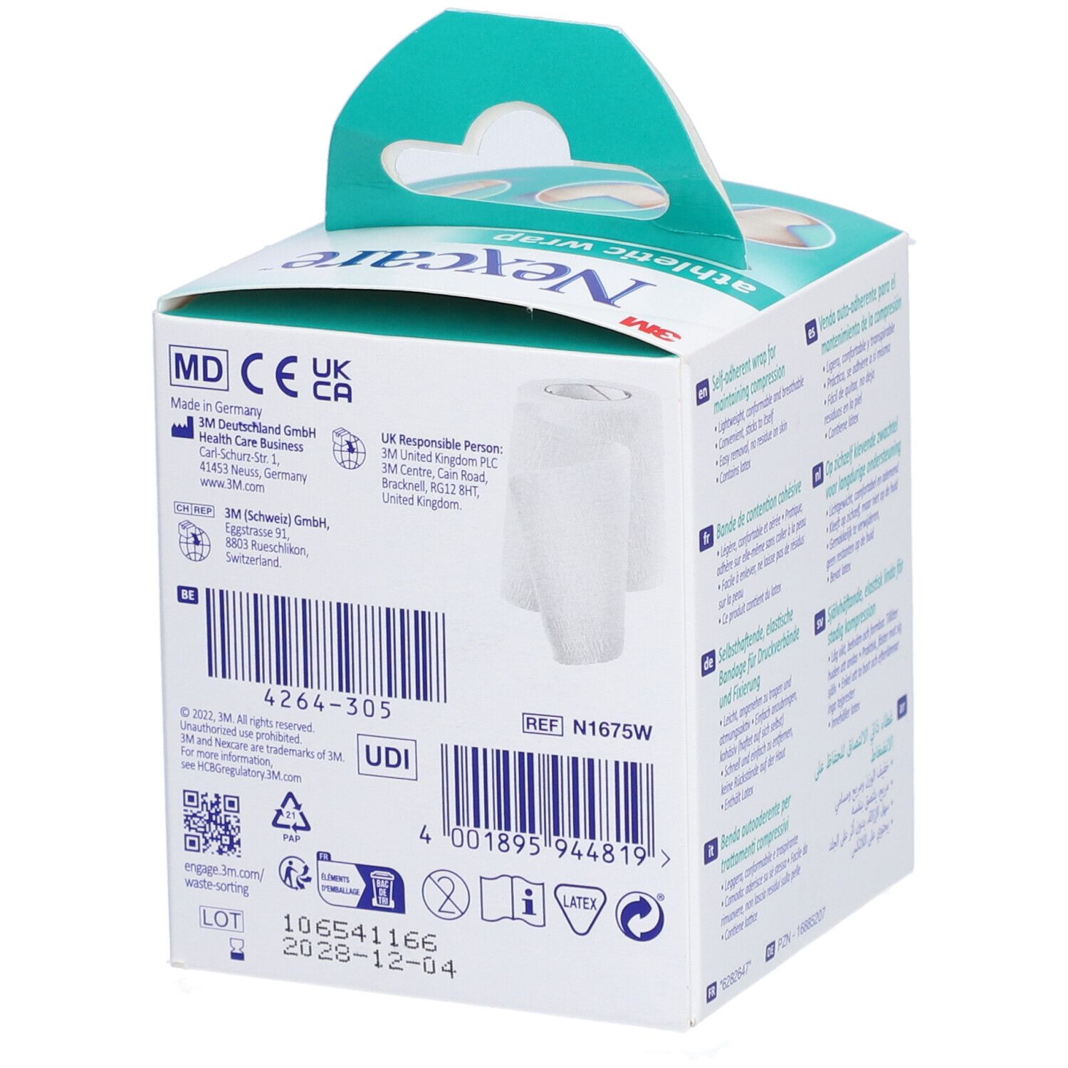 Nexcare Athletic Wrap. Retro della confezione. Testo, codice a barre e loghi visibili.