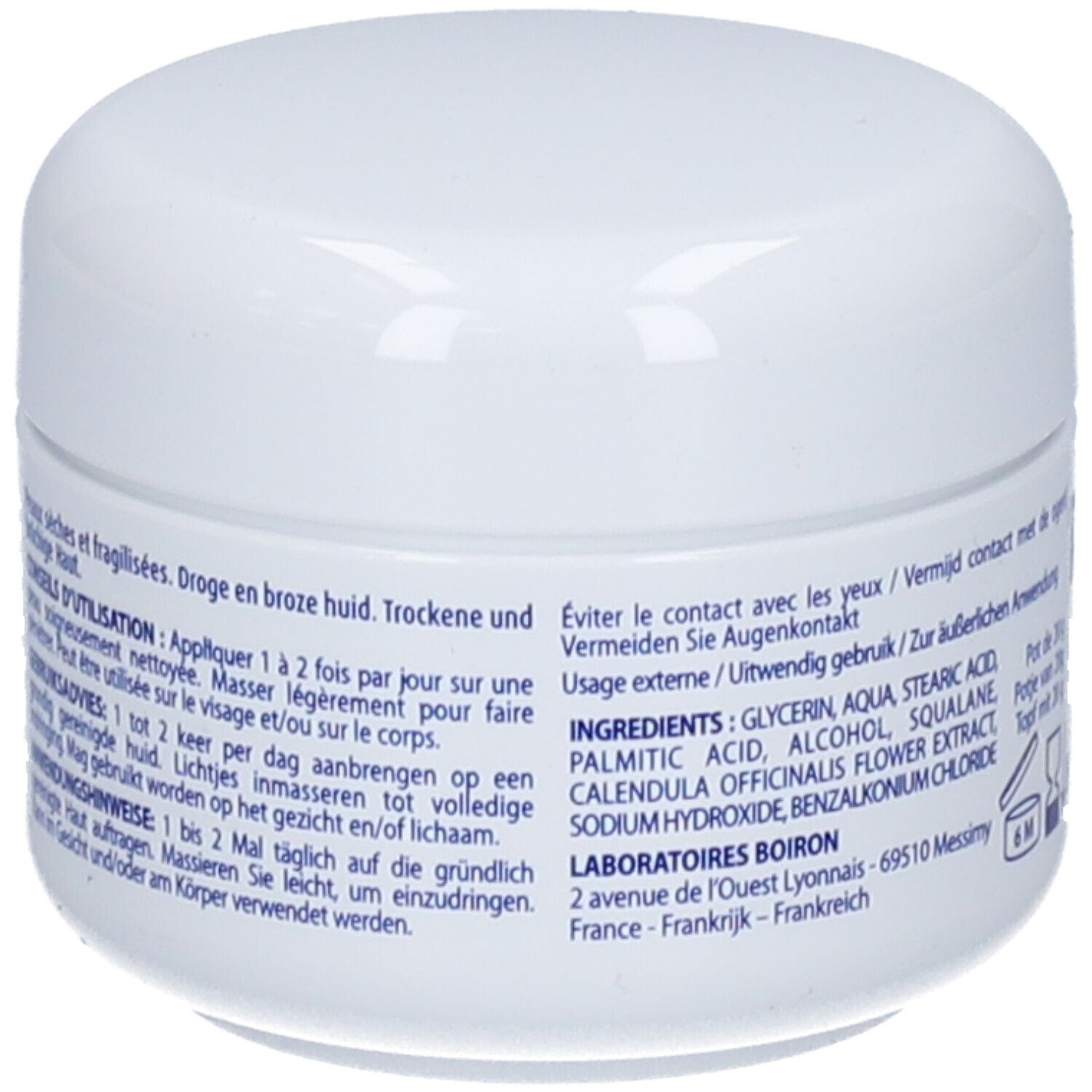 Lato di un vasetto di crema Dermoplasmine Calendula Mousse Boiron con istruzioni e ingredienti.