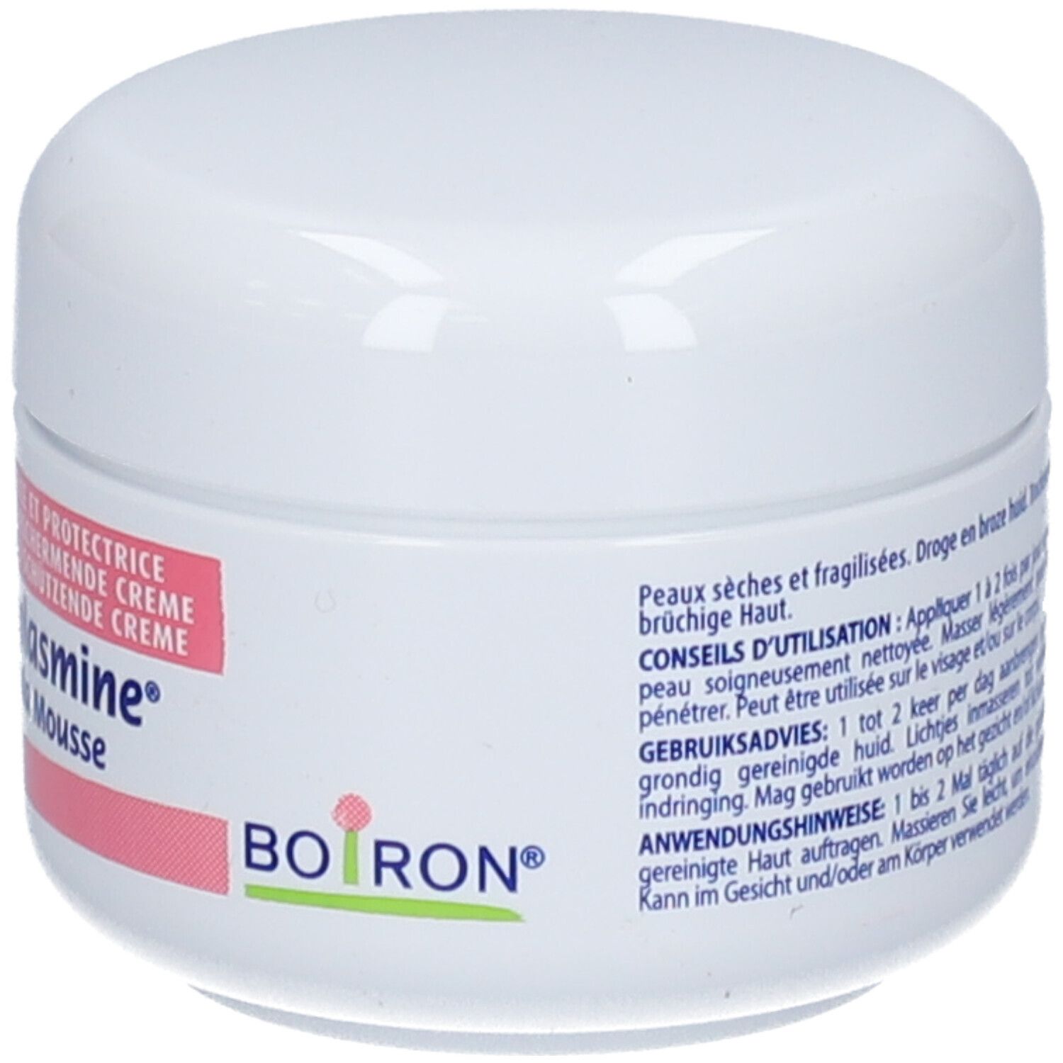 Vasetto di crema Dermoplasmine Calendula Mousse Boiron con etichetta.