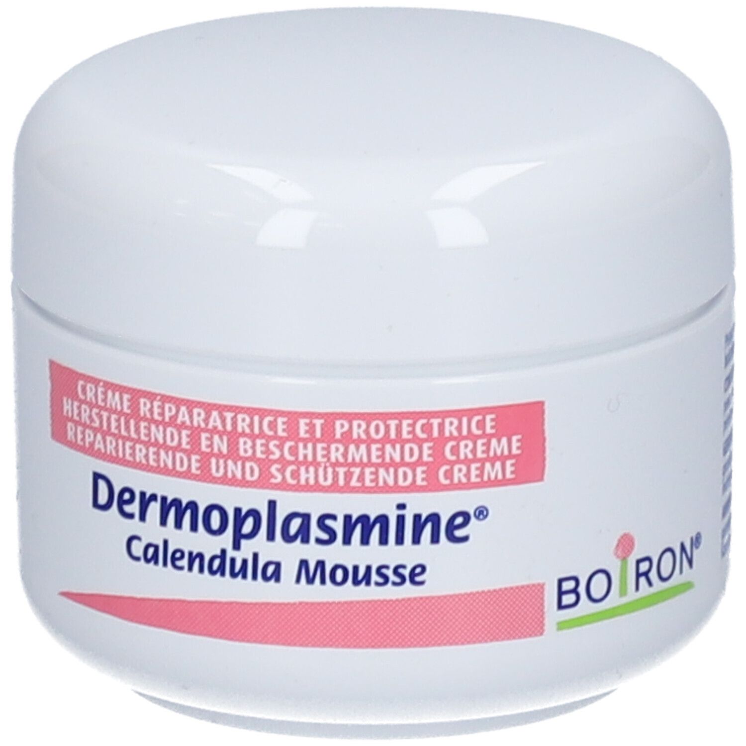 Vasetto di crema Dermoplasmine Calendula Mousse Boiron con etichetta.