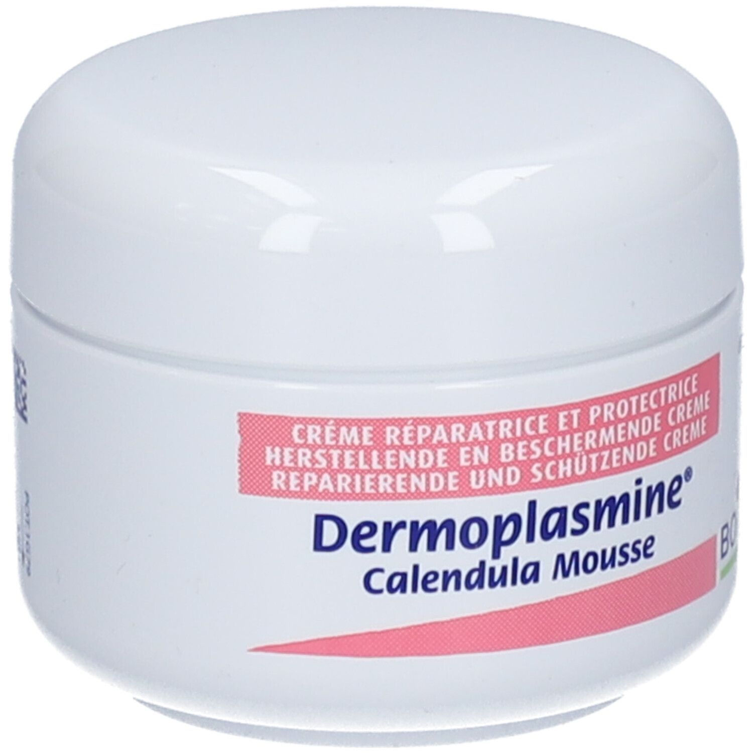 Vasetto di crema Dermoplasmine Calendula Mousse Boiron con etichetta.