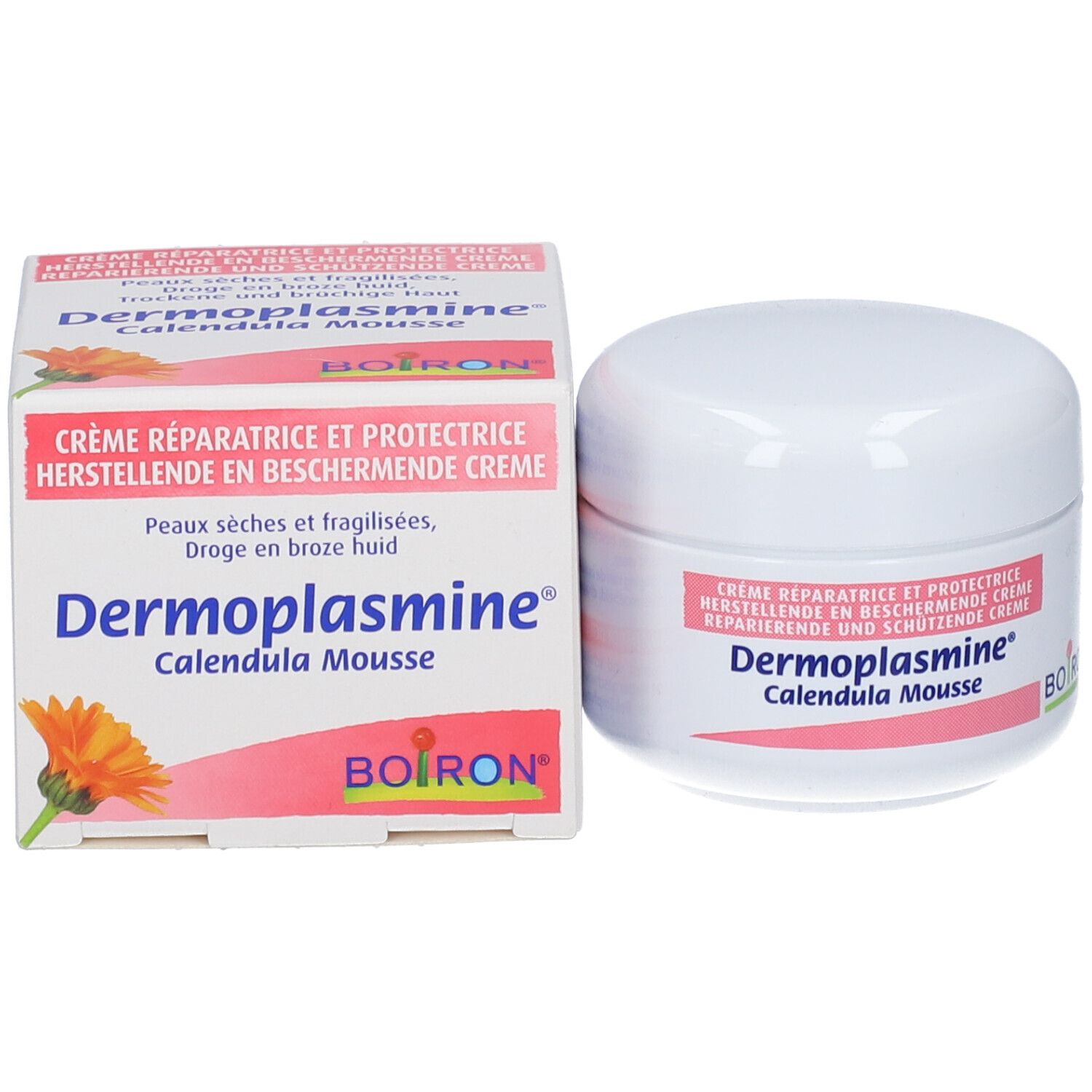 Vasetto e scatola di crema Dermoplasmine Calendula Mousse Boiron.