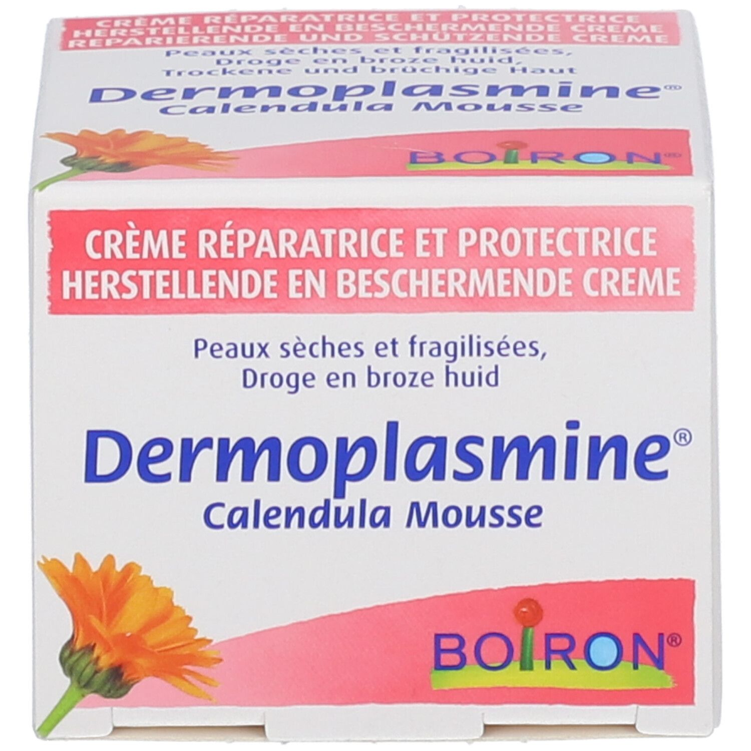 Scatola di crema Dermoplasmine Calendula Mousse Boiron con motivo di calendula.