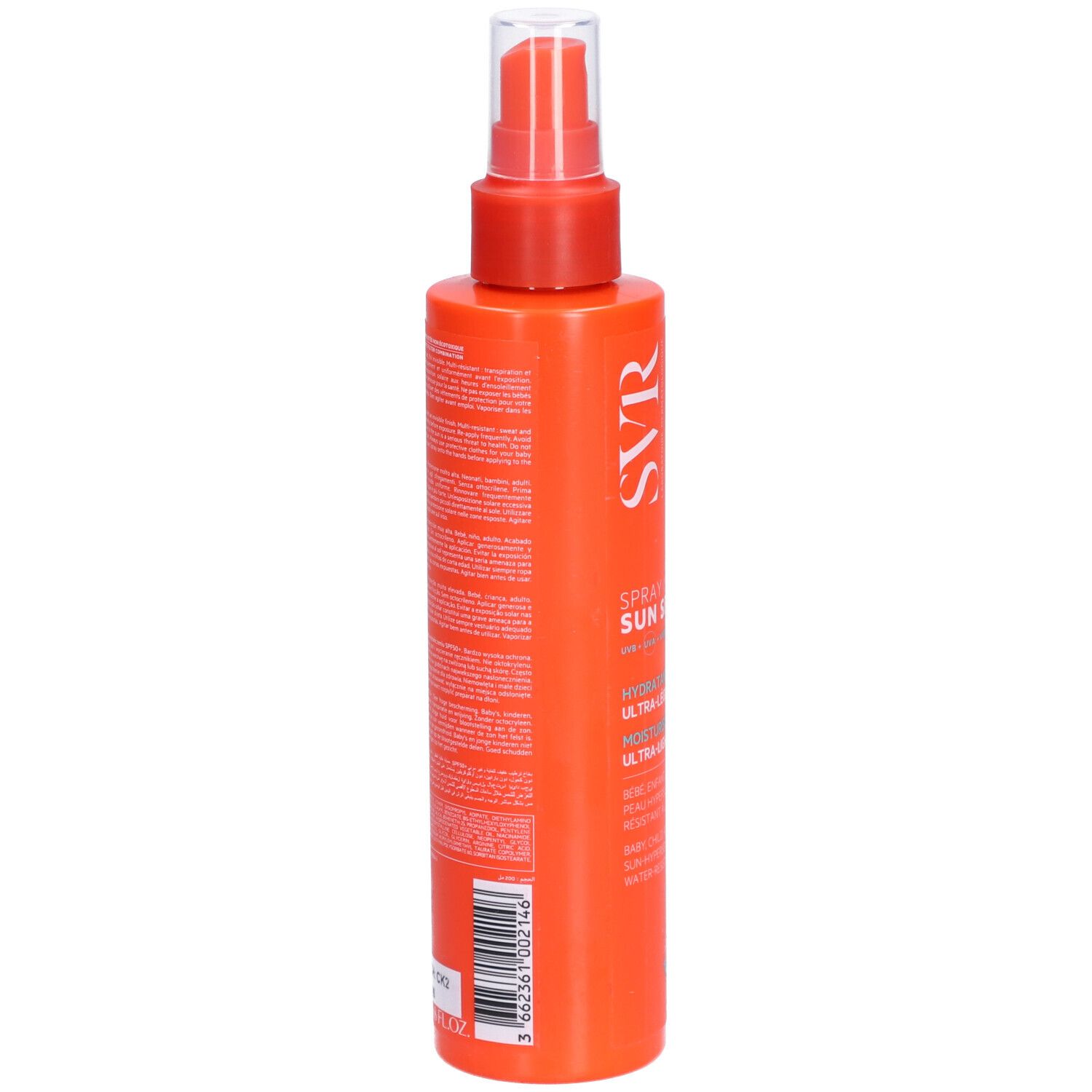 Retro del flacone SVR Sun Secure Spray SPF50+ con informazioni sul prodotto.