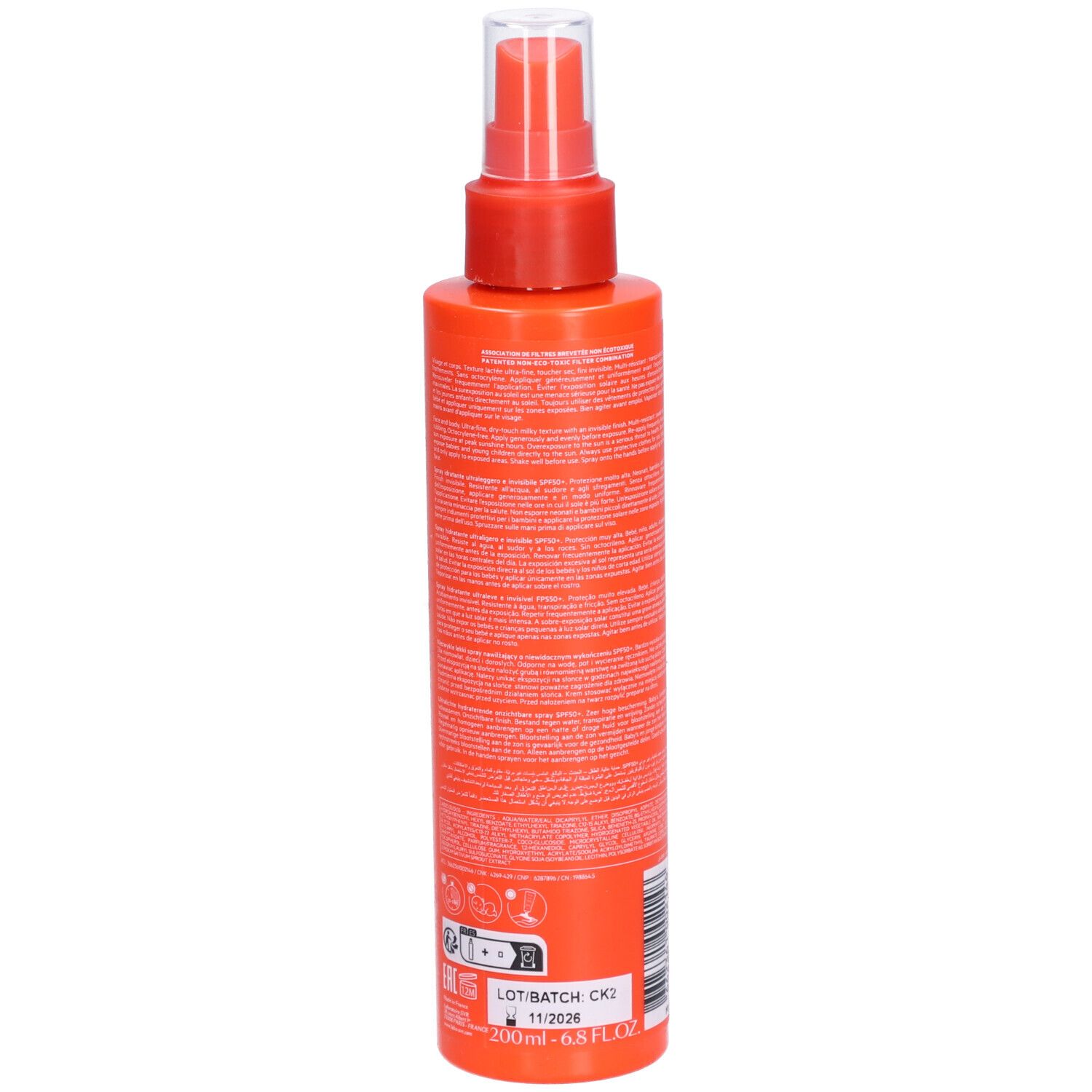Retro del flacone SVR Sun Secure Spray SPF50+ con numero di lotto e data di scadenza.