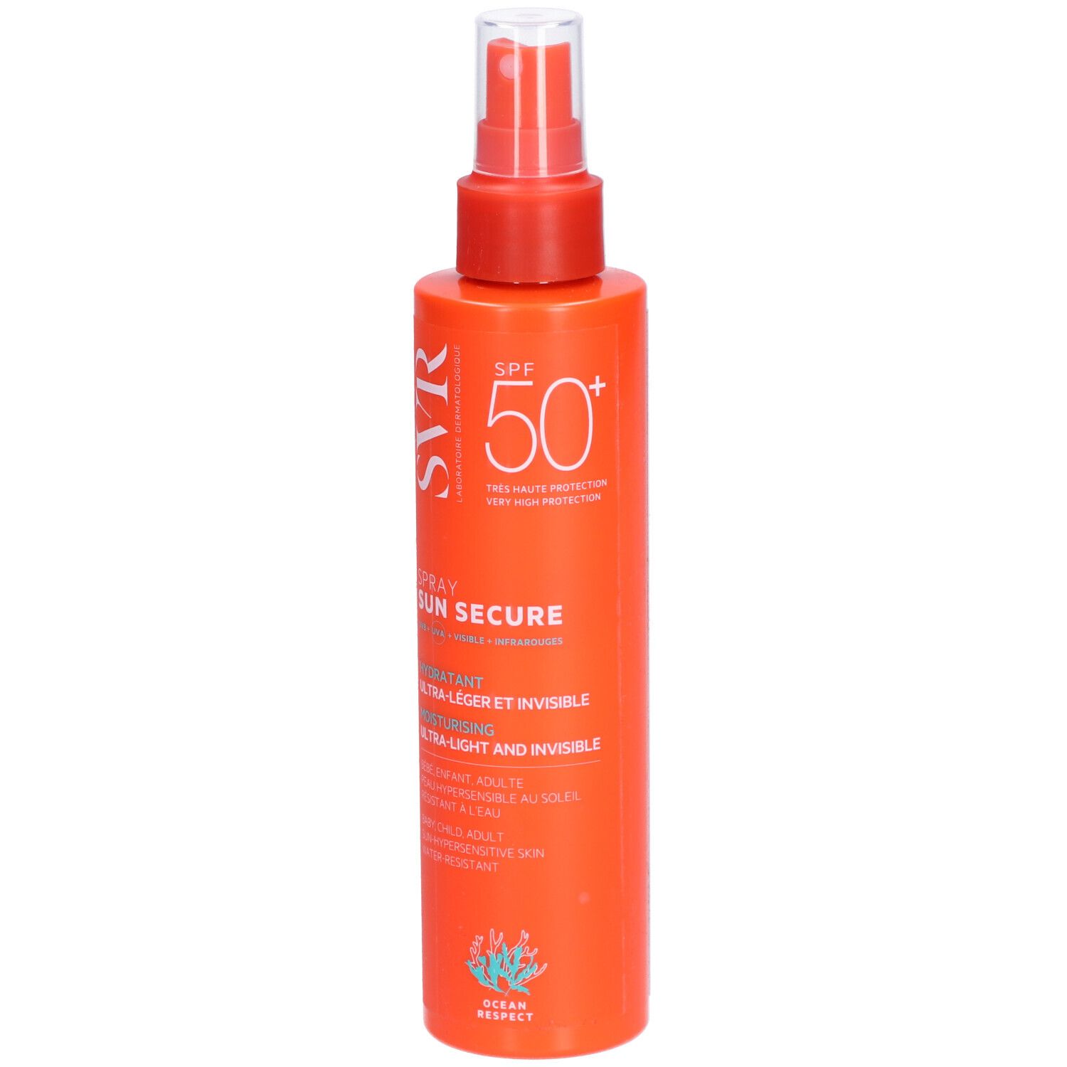SVR Sun Secure Spray SPF50+ in flacone arancione con erogatore a pompa, vista frontale.