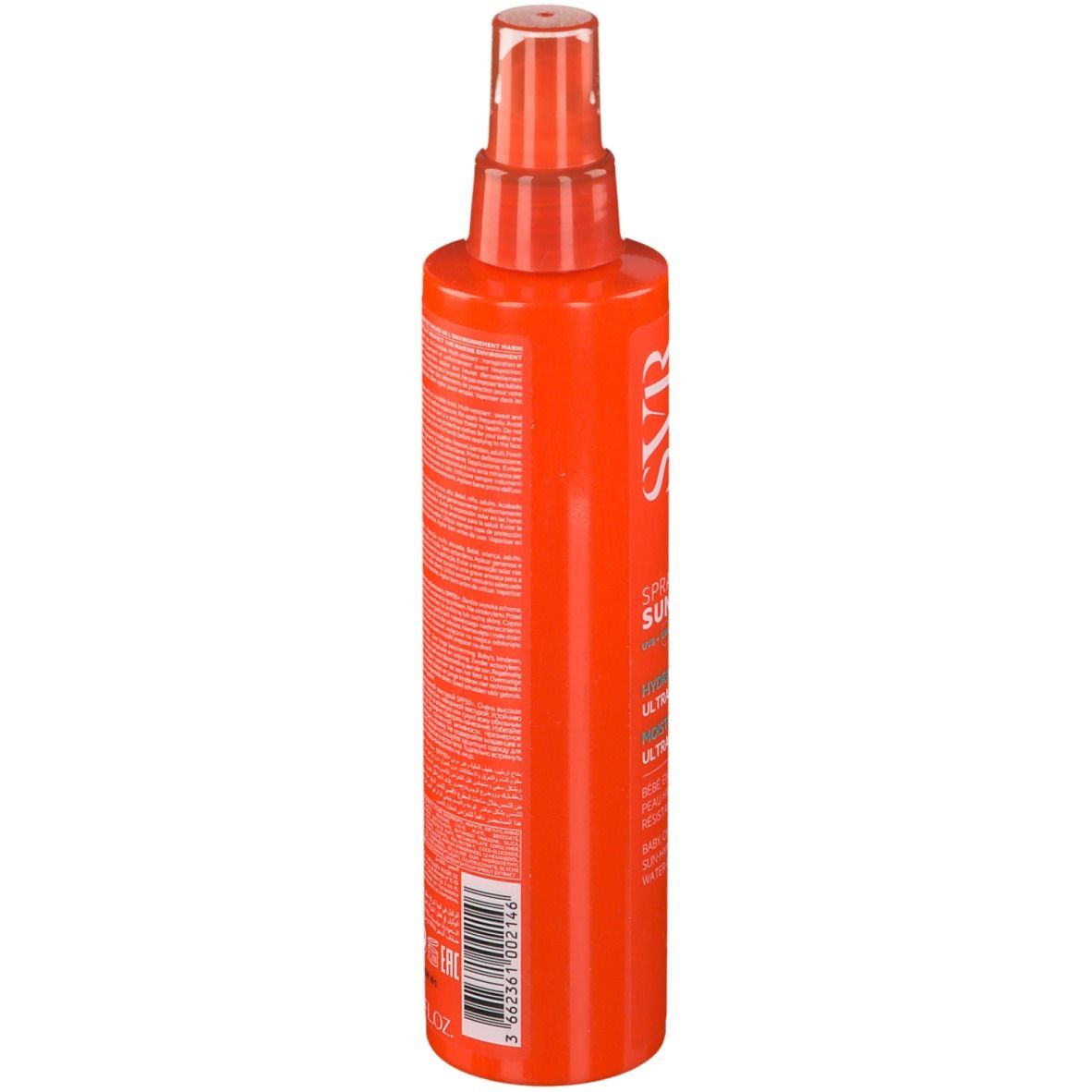 Vista laterale del flacone SVR Sun Secure Spray SPF50+ con erogatore a pompa.