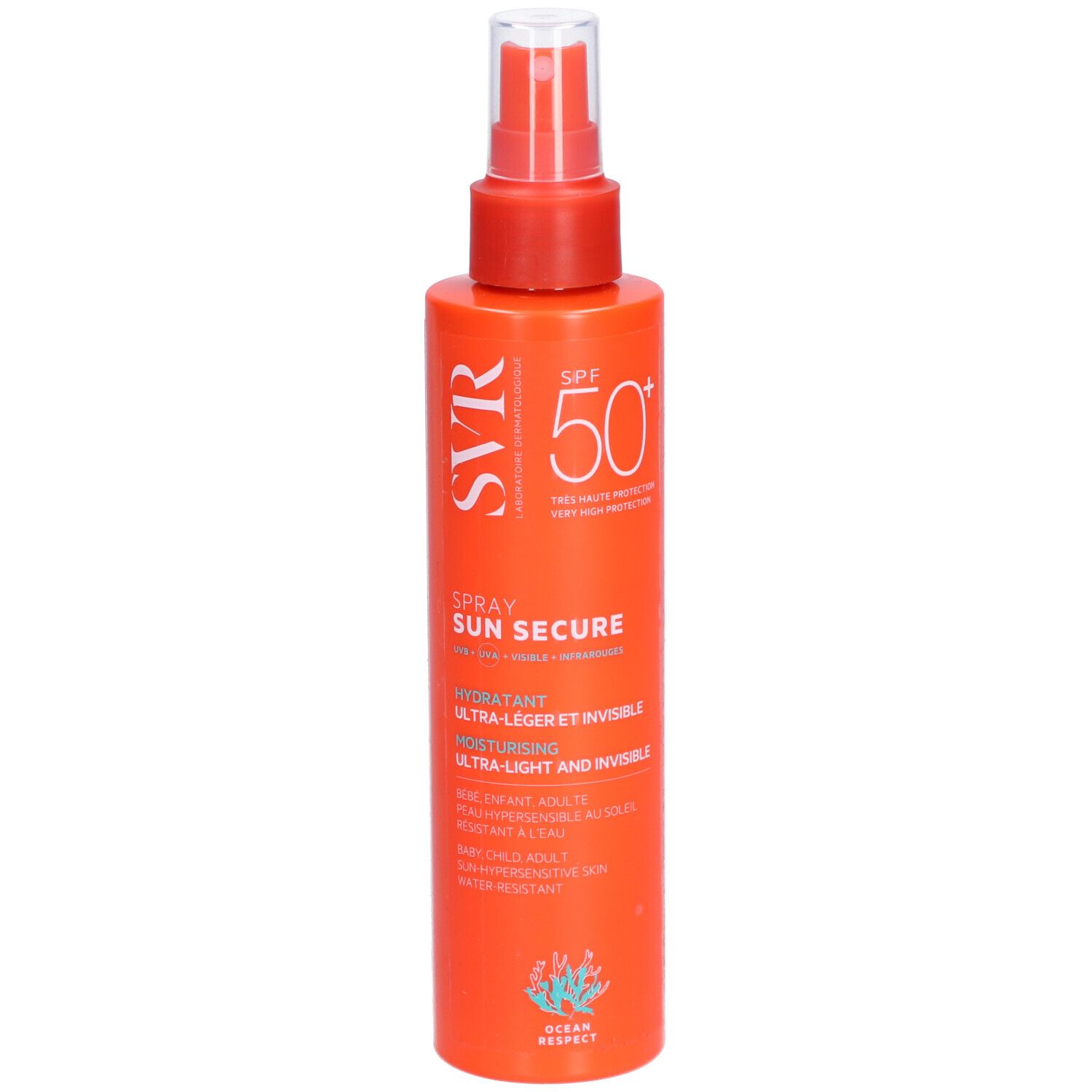 SVR Sun Secure Spray SPF50+ in flacone arancione con erogatore a pompa, leggermente angolato.