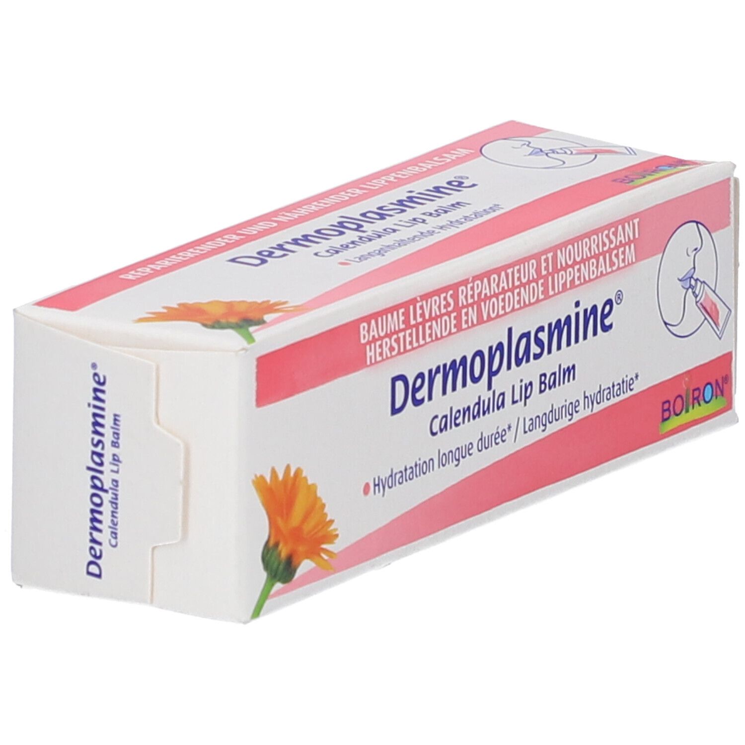 Confezione di balsamo labbra Dermoplastine Calendula con motivo di calendula.