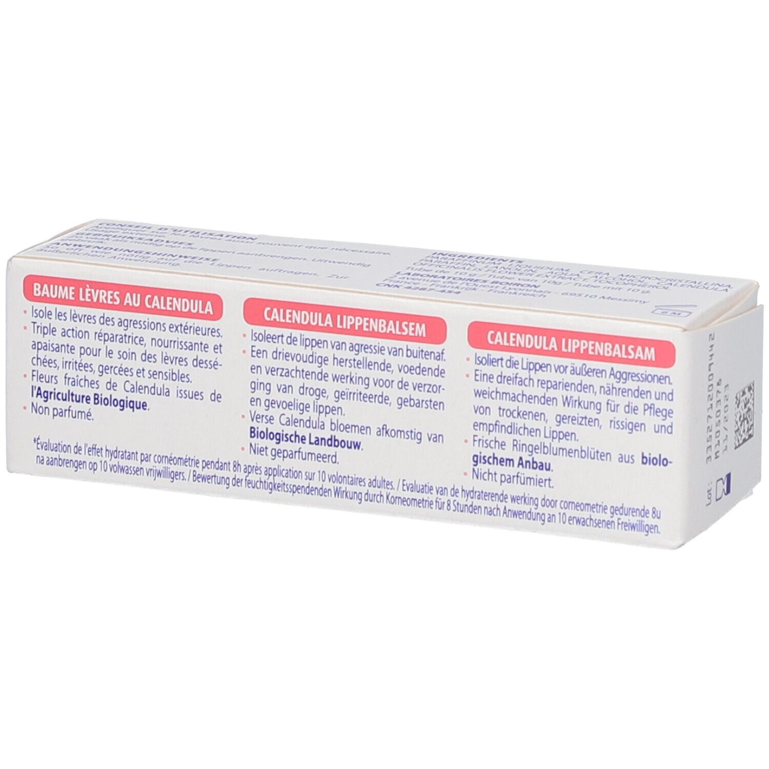 Confezione di balsamo labbra alla calendula con tripla descrizione.