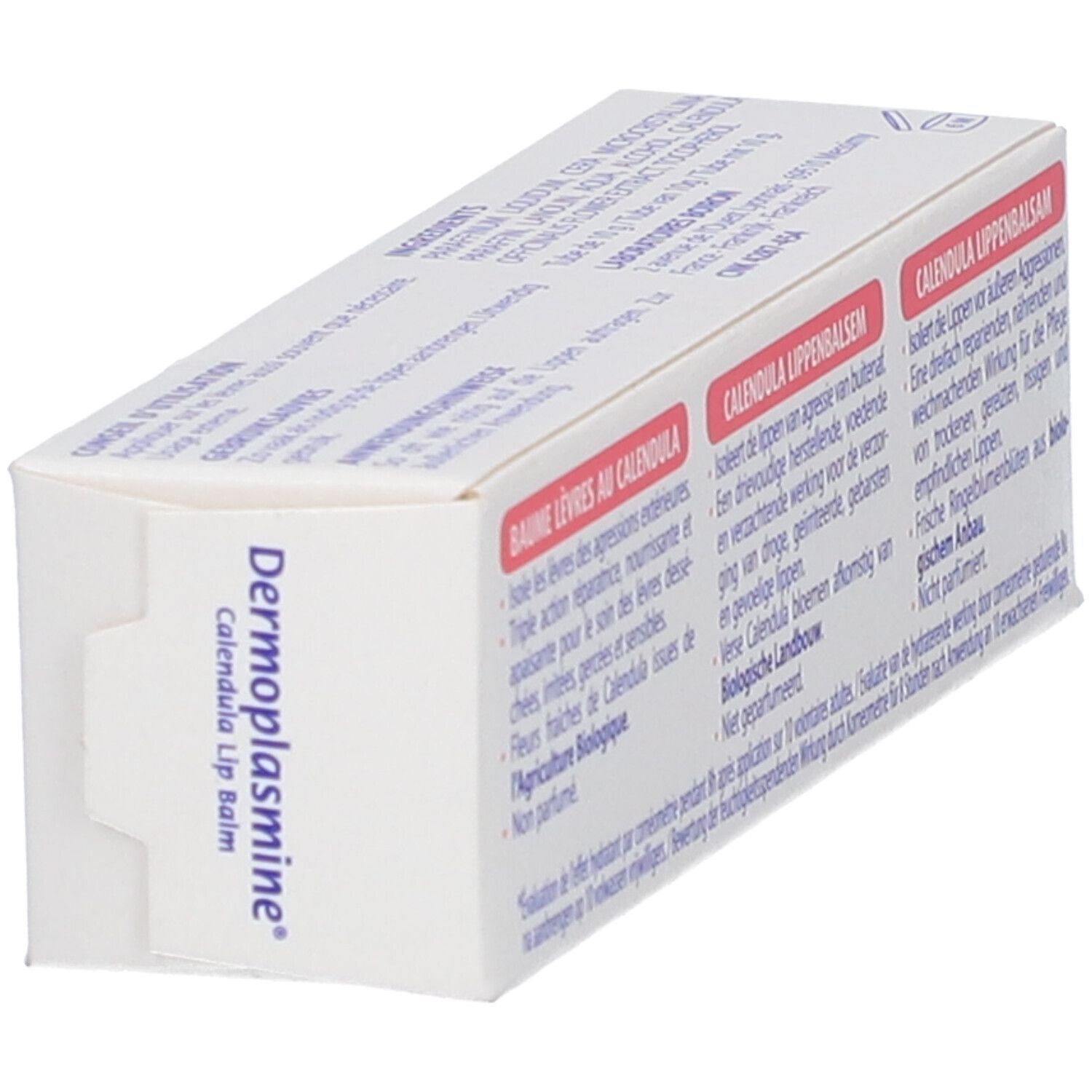 Confezione di balsamo labbra Dermoplasmine Calendula con testo.