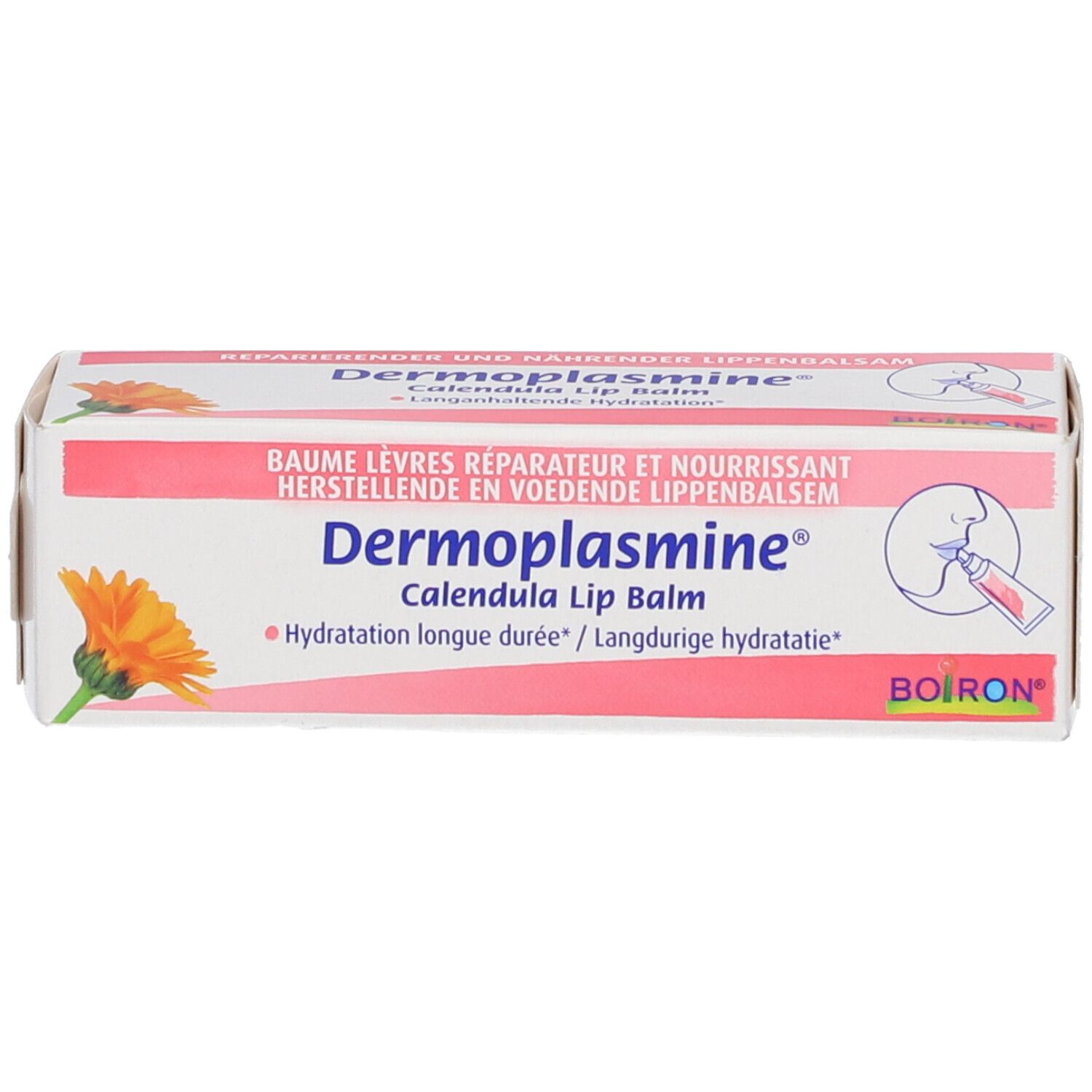 Confezione di balsamo labbra Dermoplasmine Calendula con motivo di calendula e istruzioni per l'uso.