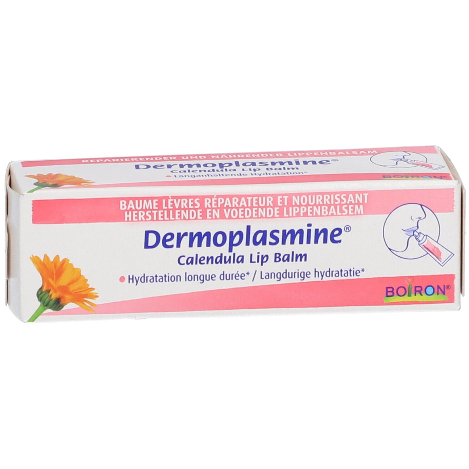 Confezione di balsamo labbra Dermoplastine Calendula con motivo di calendula e logo Boiron.