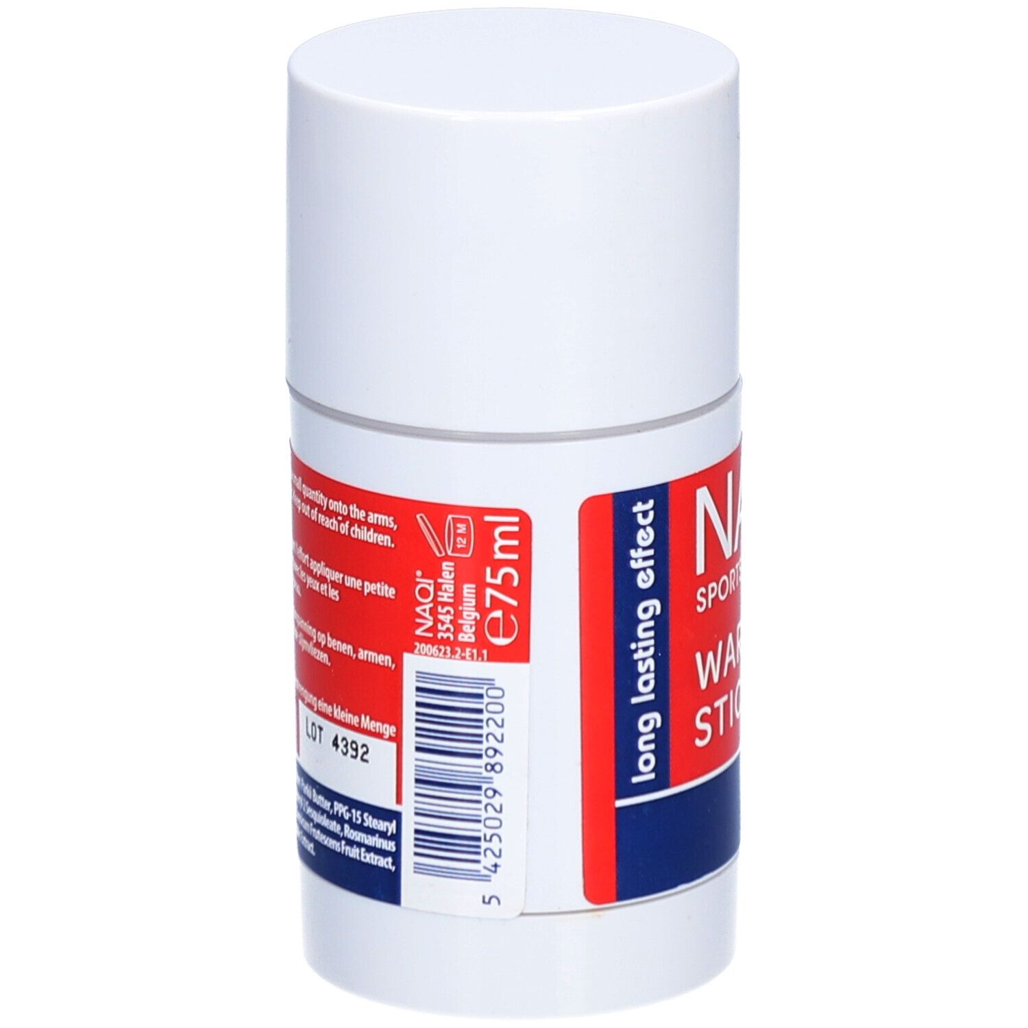 Stick cilindrico bianco con etichetta rossa. Scritta: NAQI SPORTS LOTIONS, WARMING STICK. Contiene 75ml. Codice a barre.