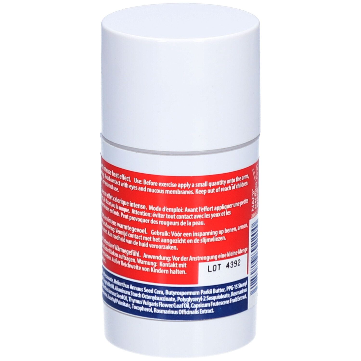 Stick cilindrico bianco. Retro con testo multilingue. Ingredienti e istruzioni per l'uso.