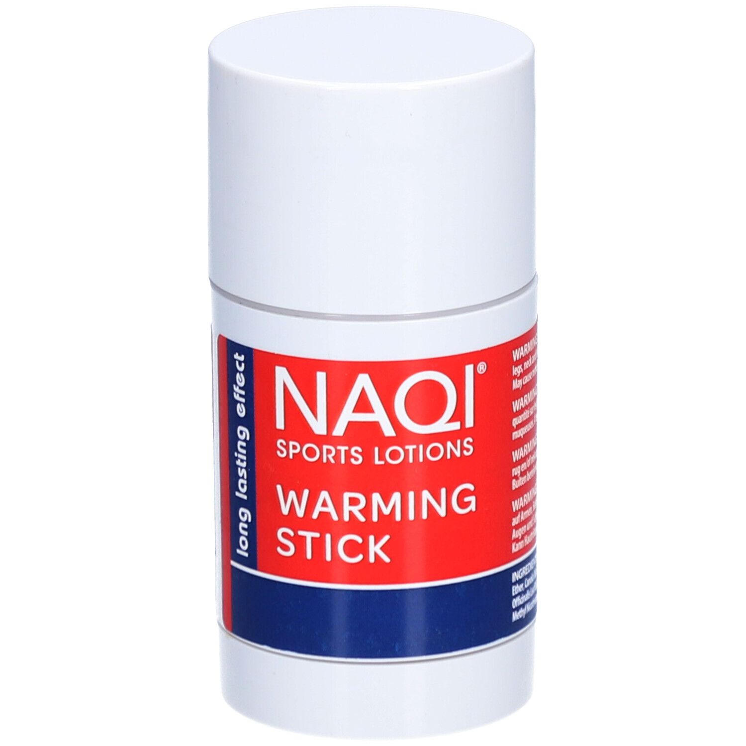 Stick cilindrico bianco con etichetta rossa. Scritta: NAQI SPORTS LOTIONS, WARMING STICK. Testo multilingue.