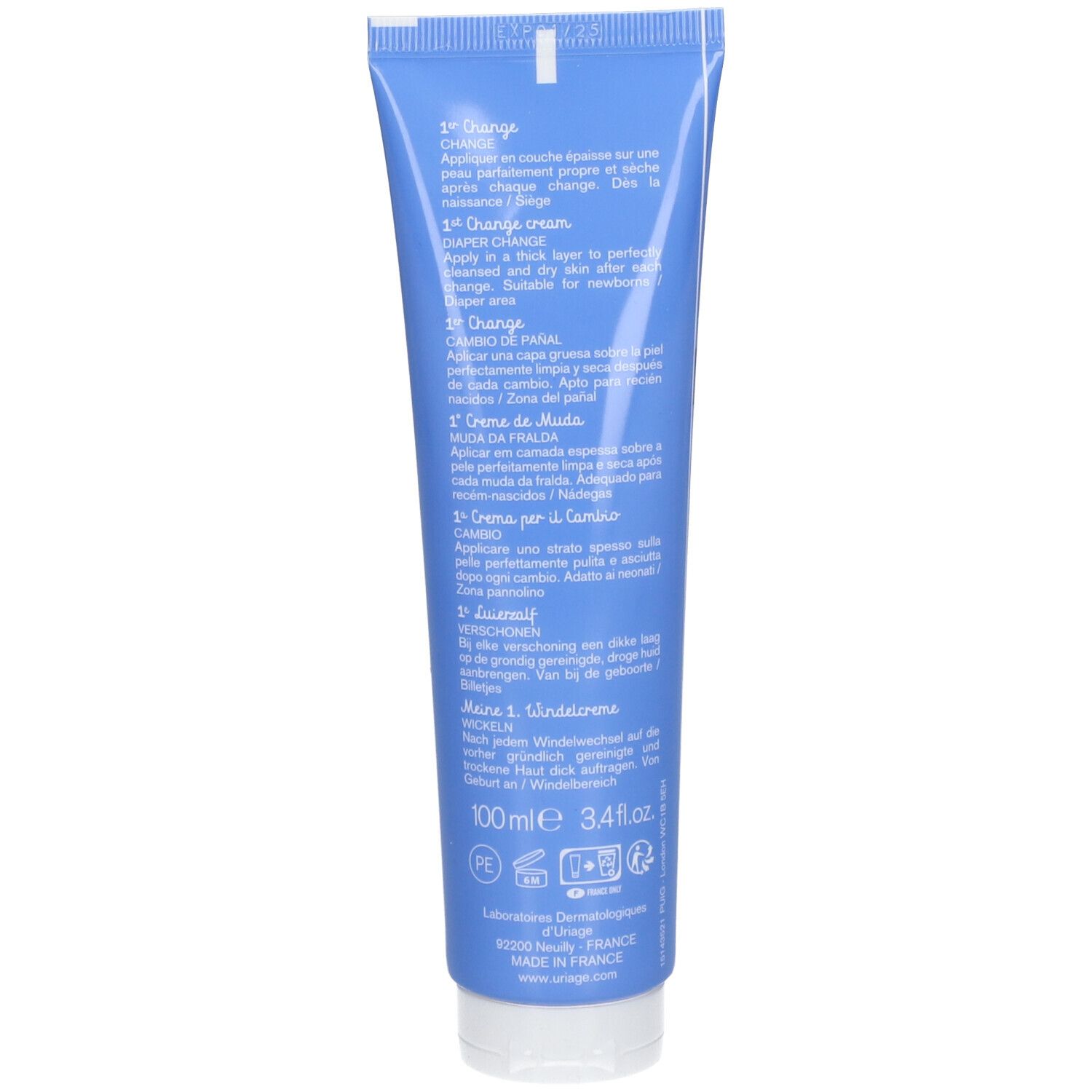 Retro del tubo blu. Testo multilingue. URIAGE, 100ml, 3.4fl.oz. Testato dermatologicamente.