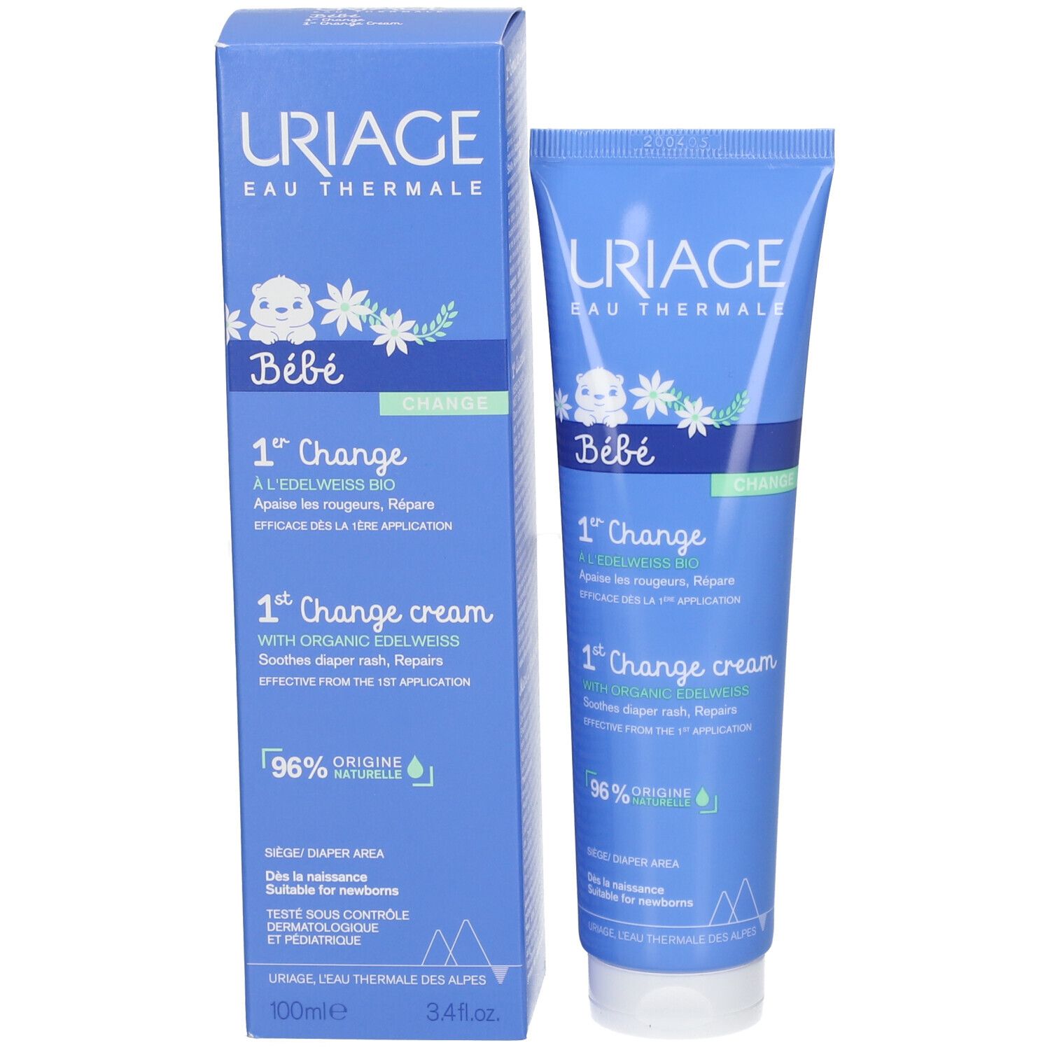 Scatola e tubo blu. URIAGE Bébé 1st Change Cream. 96% ingredienti naturali. 100ml.