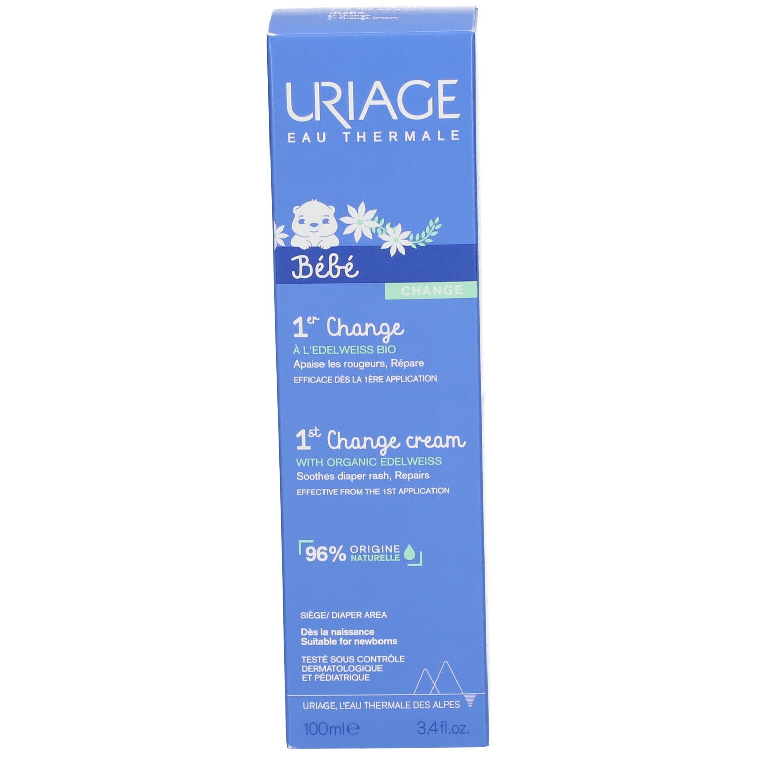 Scatola blu. URIAGE Bébé 1st Change Cream. 96% ingredienti naturali. 100ml.