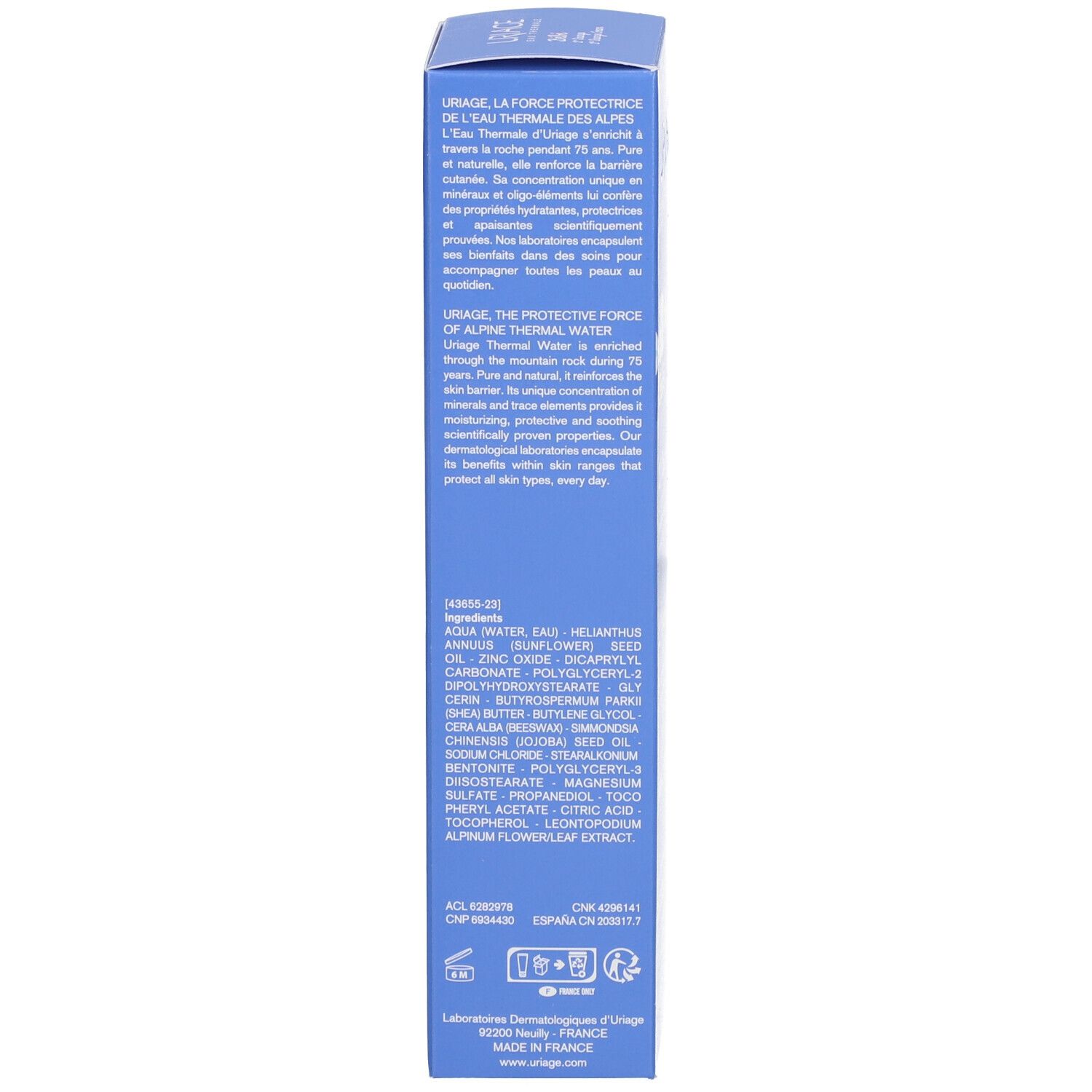 Scatola blu. Testo sull'acqua termale URIAGE. Ingredienti. Testato dermatologicamente.