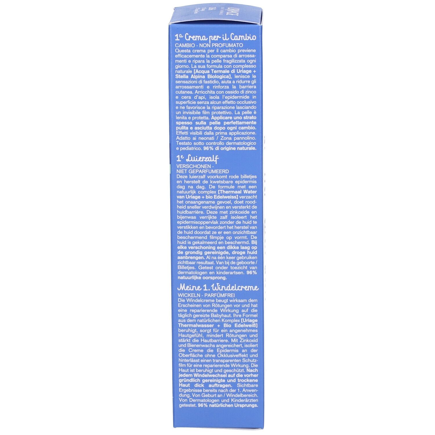 Scatola blu. Testo multilingue. 1st Change Cream. 96% ingredienti naturali.