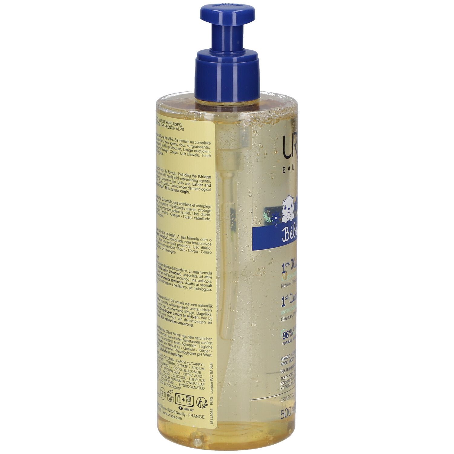 Retro del flacone Uriage Bébé 1° Olio lavante. Testo sull'etichetta. Dosatore blu.